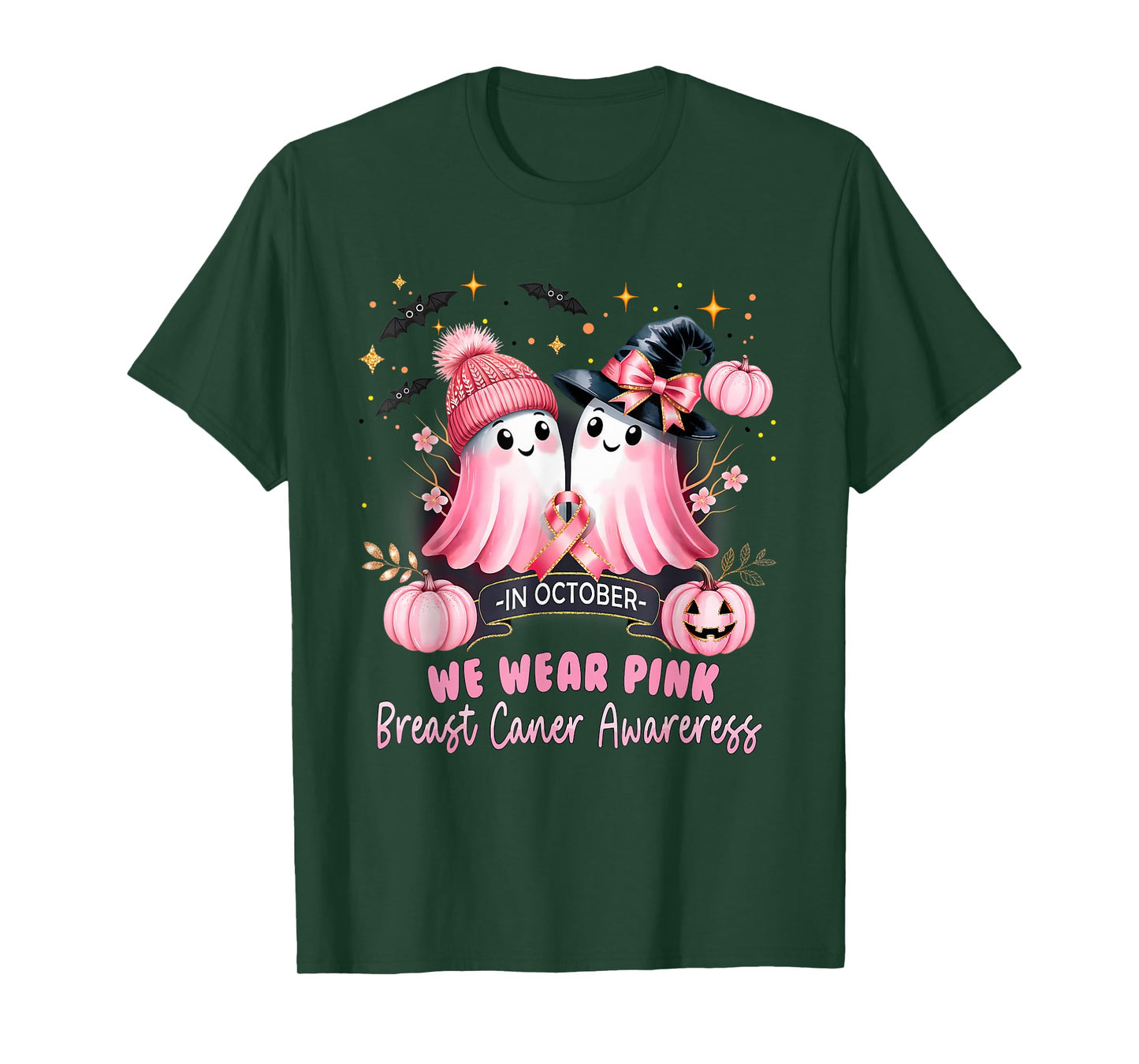 in October We Wear Pink Ghost Witch Breast Cancer Awareness T-Shirt