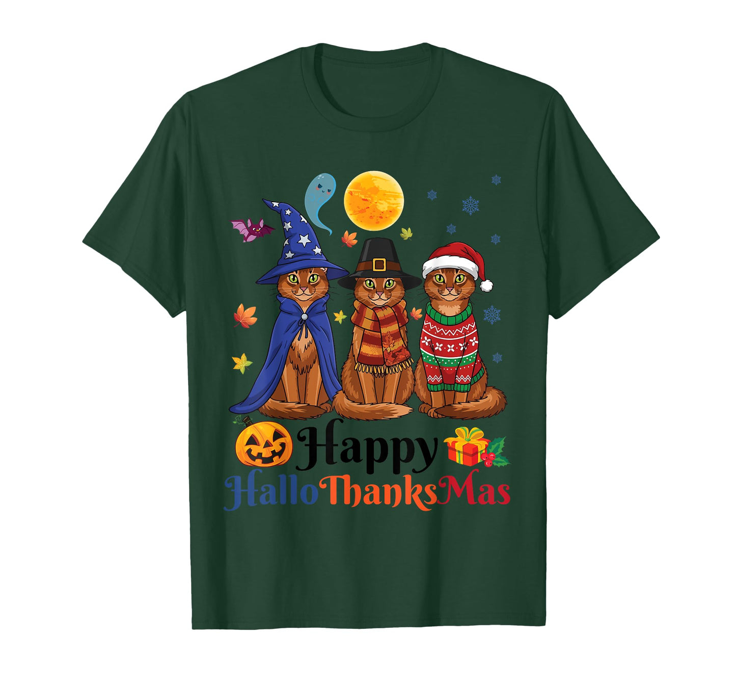 HalloThanksMas Somali Cats Halloween Thanksgiving Christmas T-Shirt