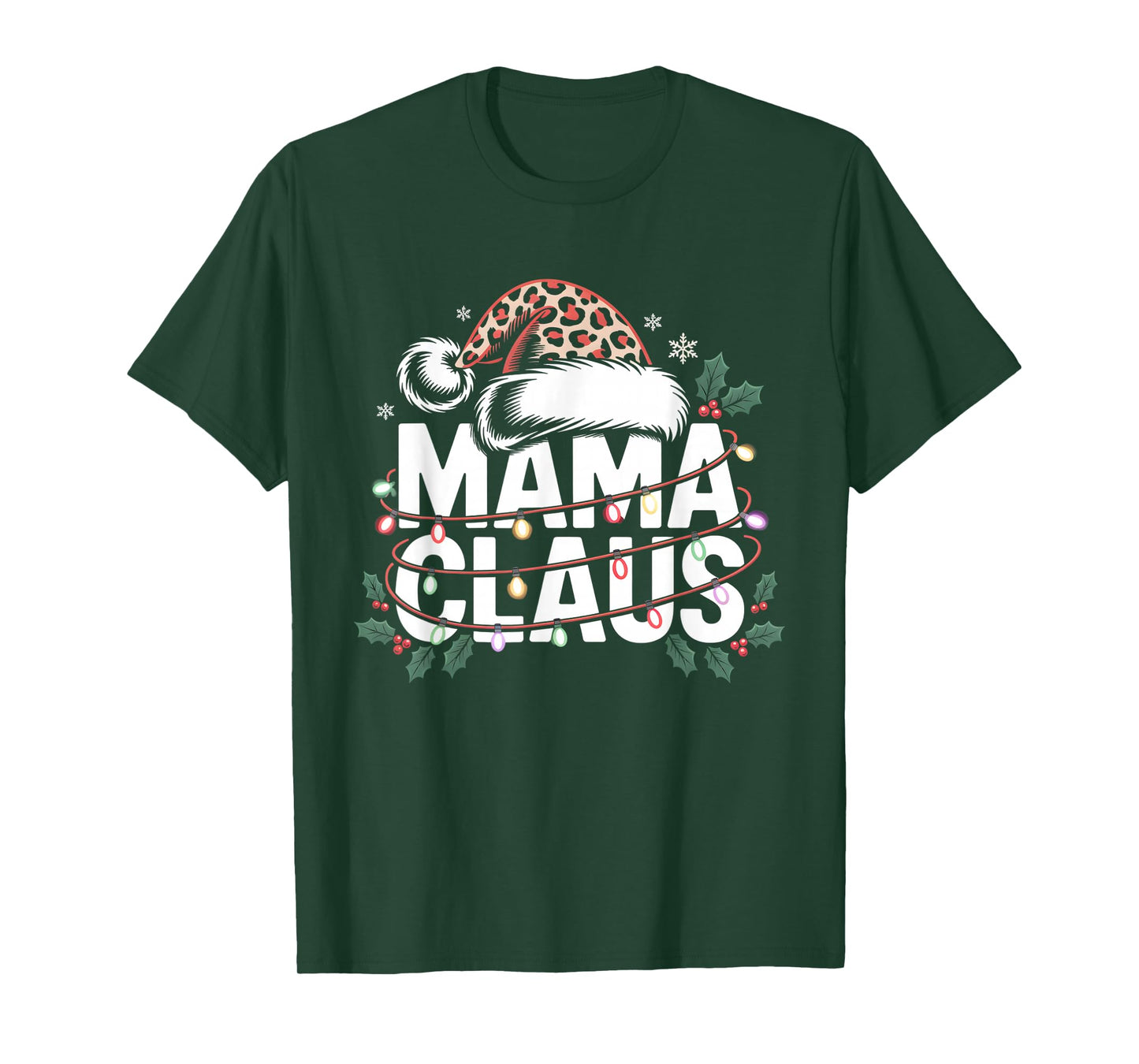 Mama Claus Leopard Santa Hat Christmas Lights Women Mom T-Shirt