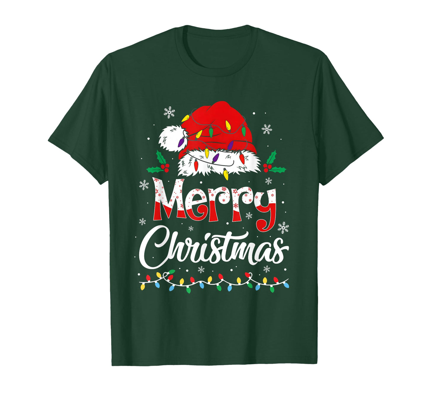 Merry Christmas Lights Red Santa Hat Xmas Family Men Women T-Shirt