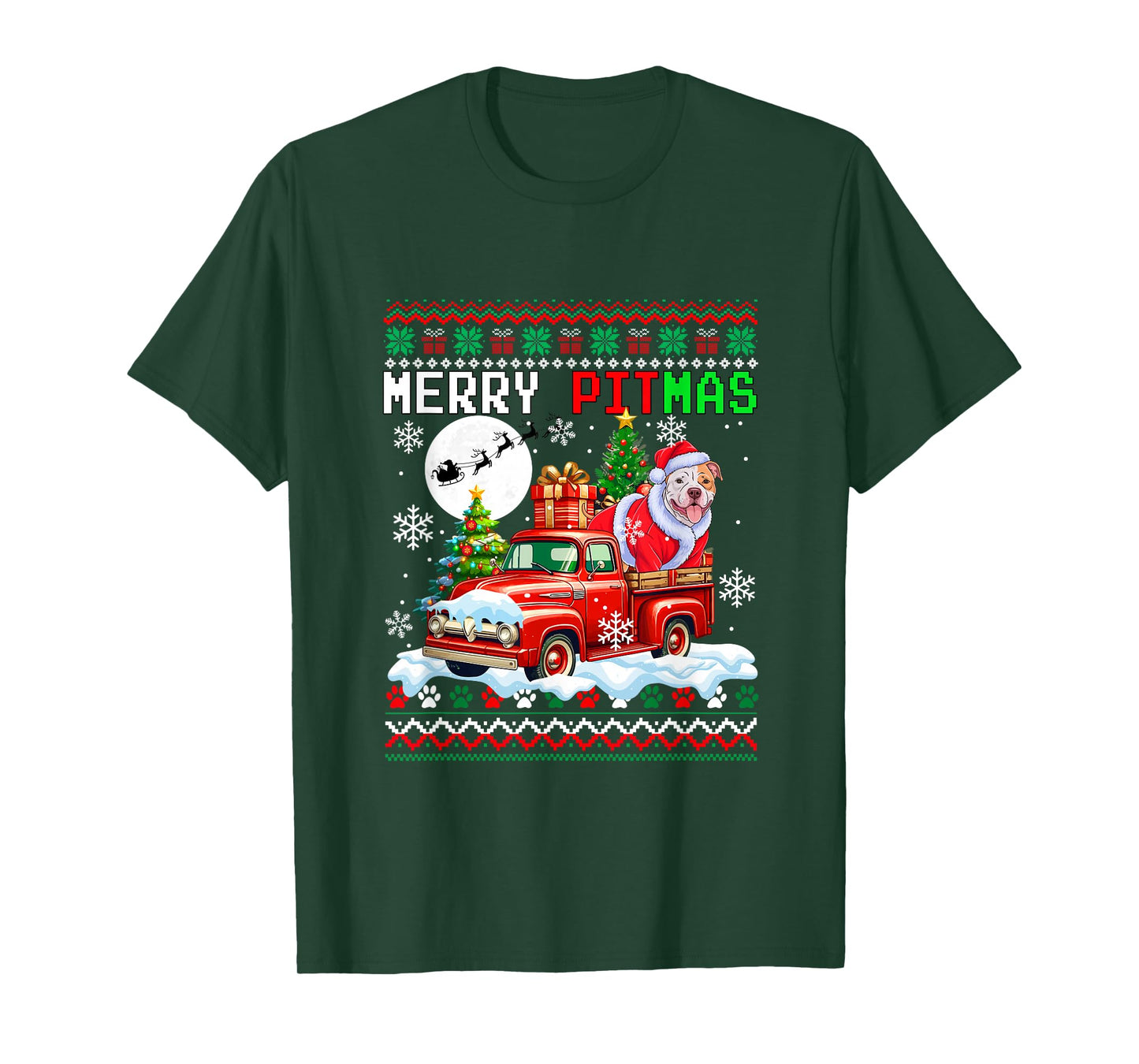 Merry Christmas Sweater Santa Pit Bull On Pickup Truck T-Shirt