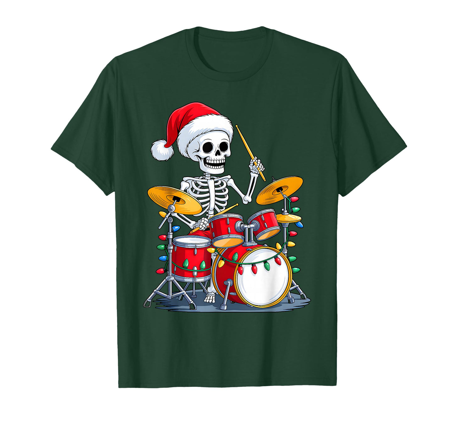 Santa Skeleton Playing Drum Percussionist Drummer Christmas T-Shirt
