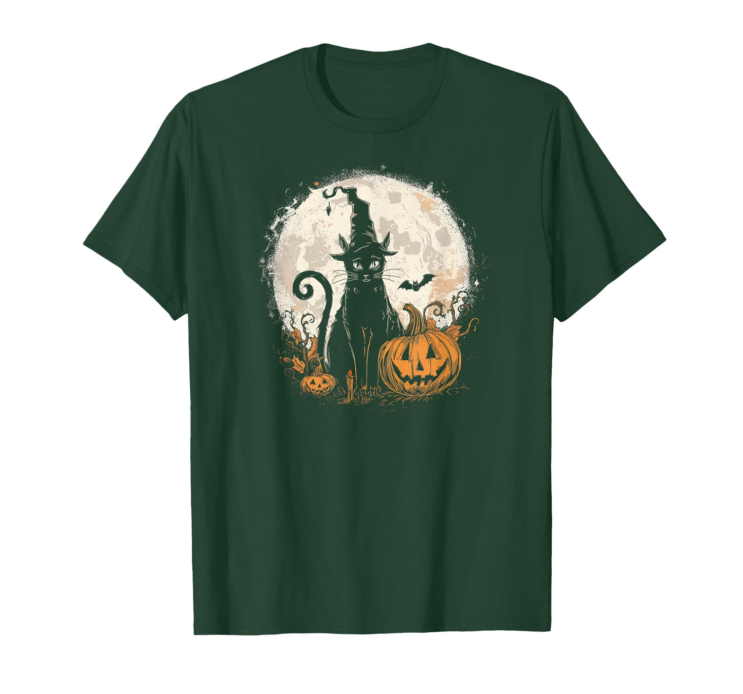 Spooky Black Cat, Witch Hat, Carved Pumpkin and Full Moon T-Shirt