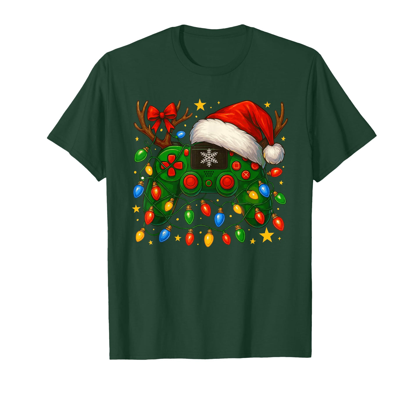Video Game Controller Christmas Lights Santa Hat Reindeer T-Shirt
