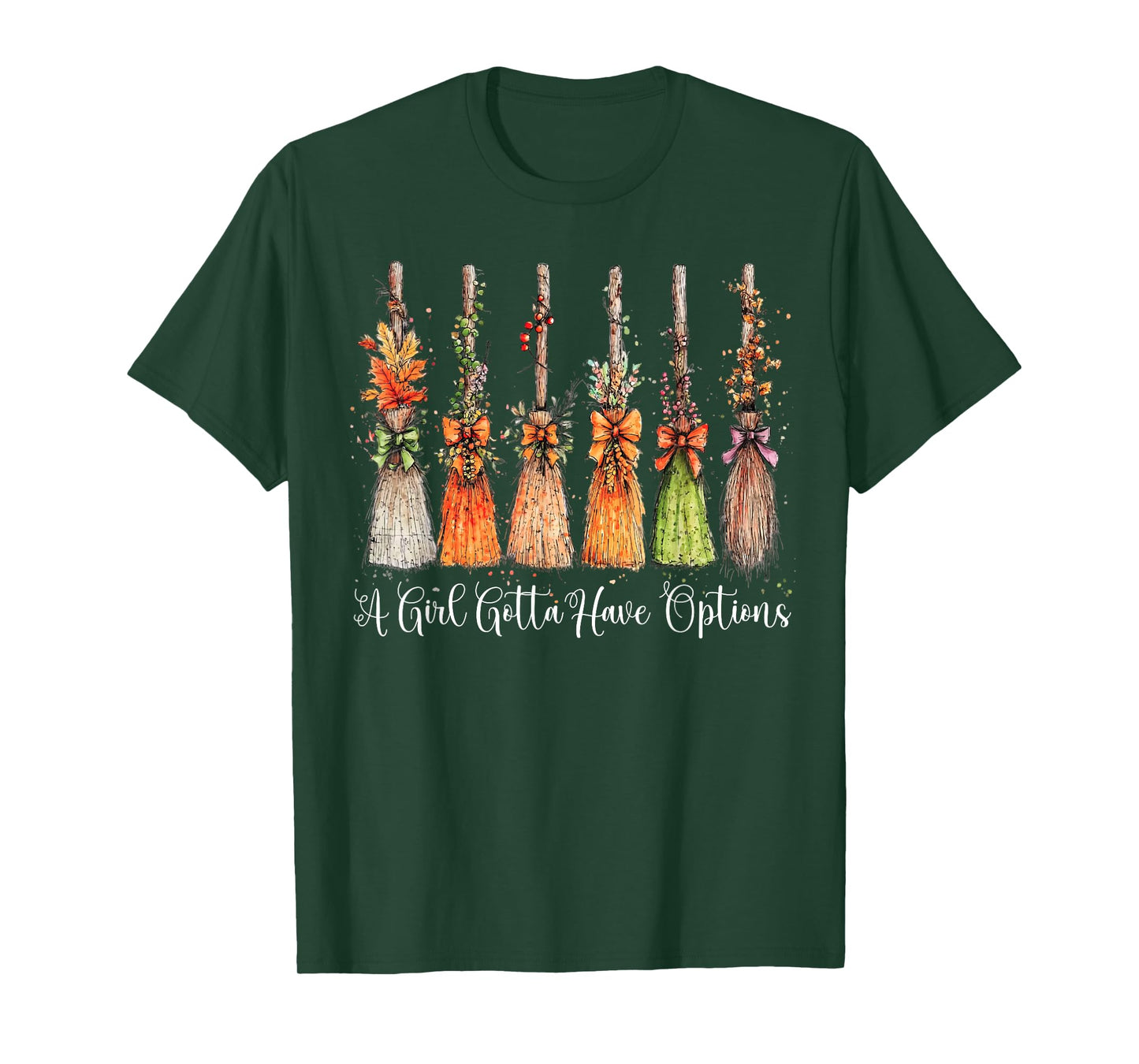 A Girl Gotta Have Options Halloween Witches Bow Floral Broom T-Shirt