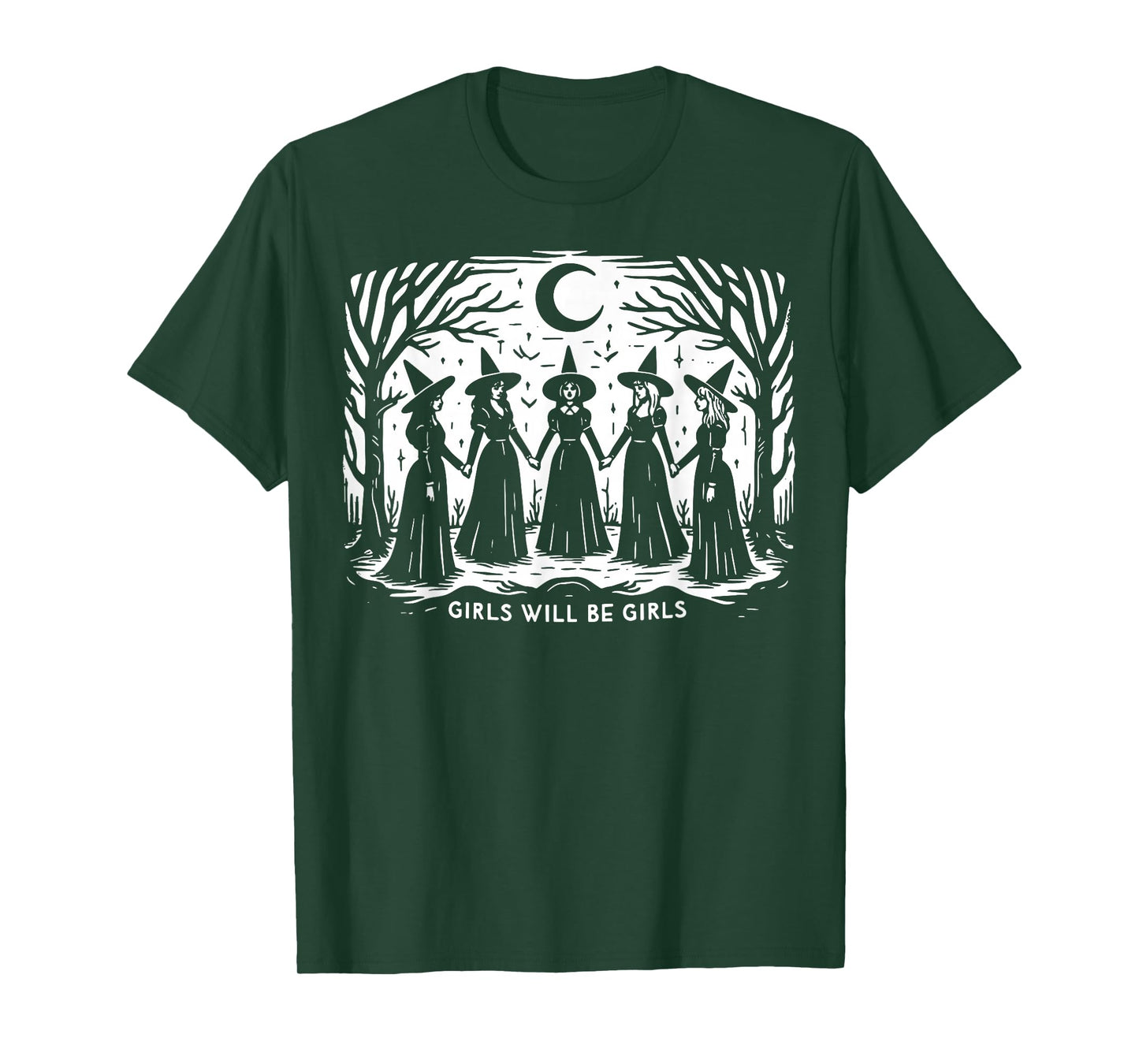 Vintage Witchy Girls Holding Hands Under Moonlight Spooky T-Shirt