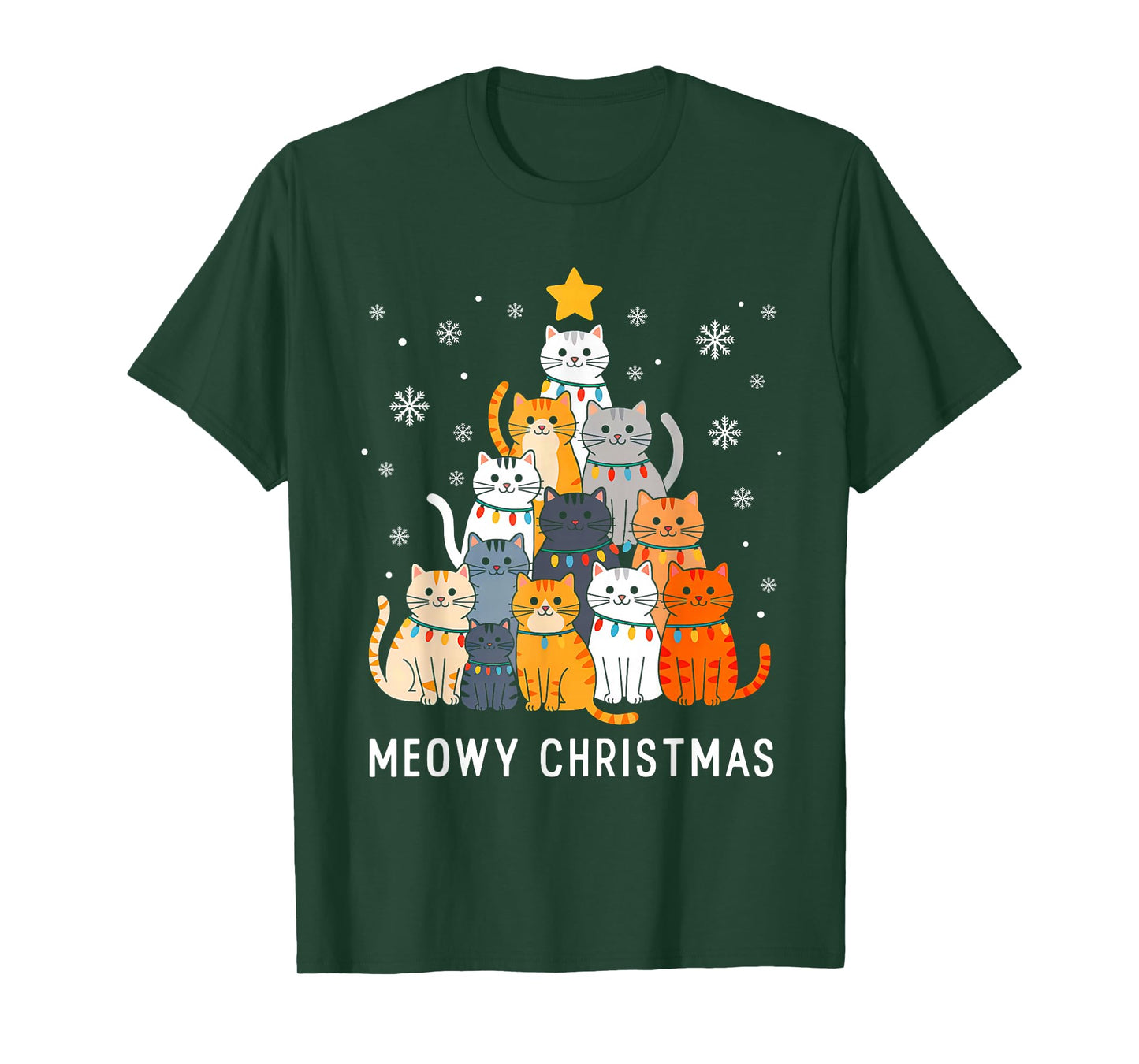 Cute Cat Meowy Christmas Tree Lights Santa Hat Xmas Pajamas T-Shirt