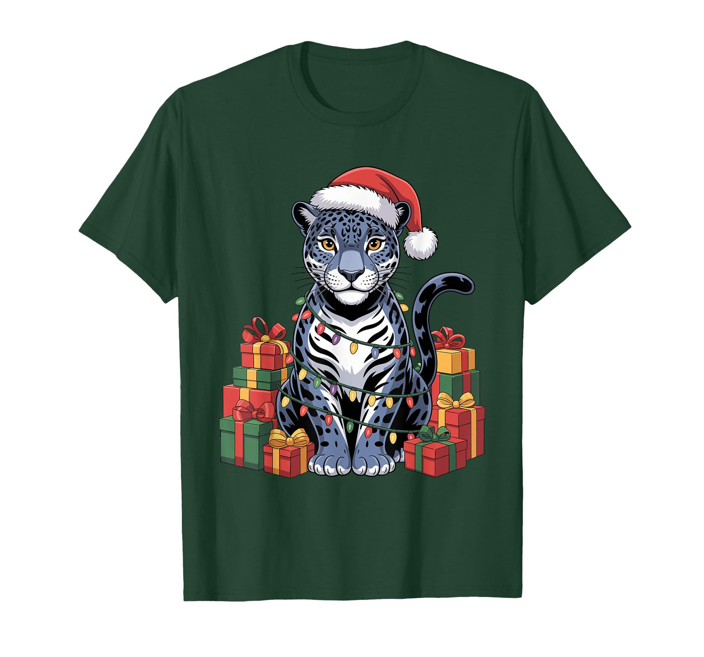 Funny Jaguar Santa Hat Animals Lovers Ugly Christmas Pajamas T-Shirt