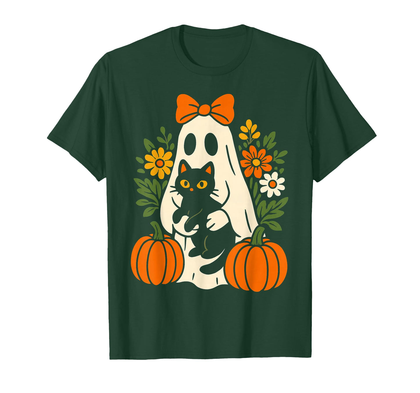 Vintage Groovy Floral Ghost Holding Black Cat Halloween T-Shirt