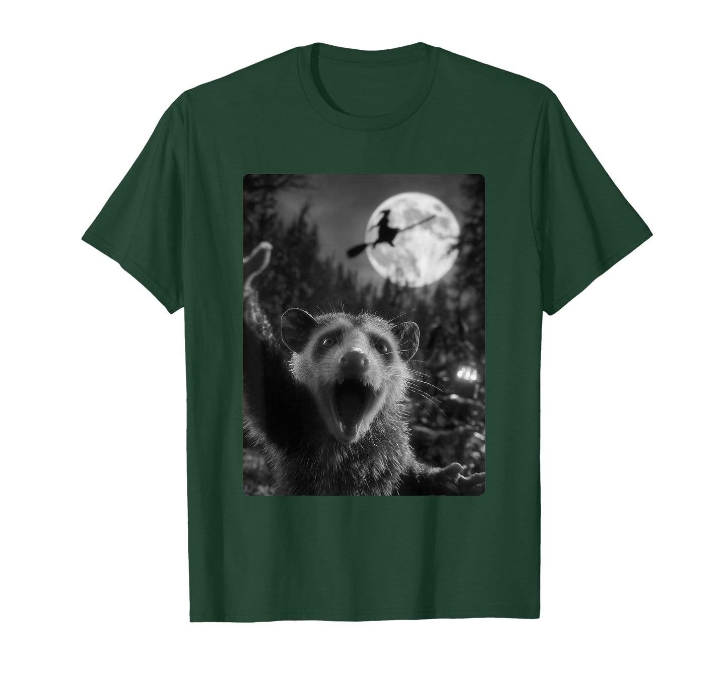 Funny Opossum Selfie Full Moon Flying Witch Forest Halloween T-Shirt