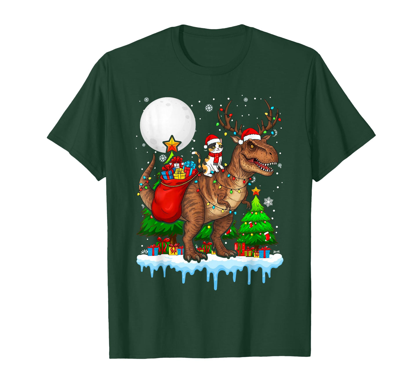 Cat Santa Hat Riding Dinosaur T rex Moon Christmas Xmas T-Shirt