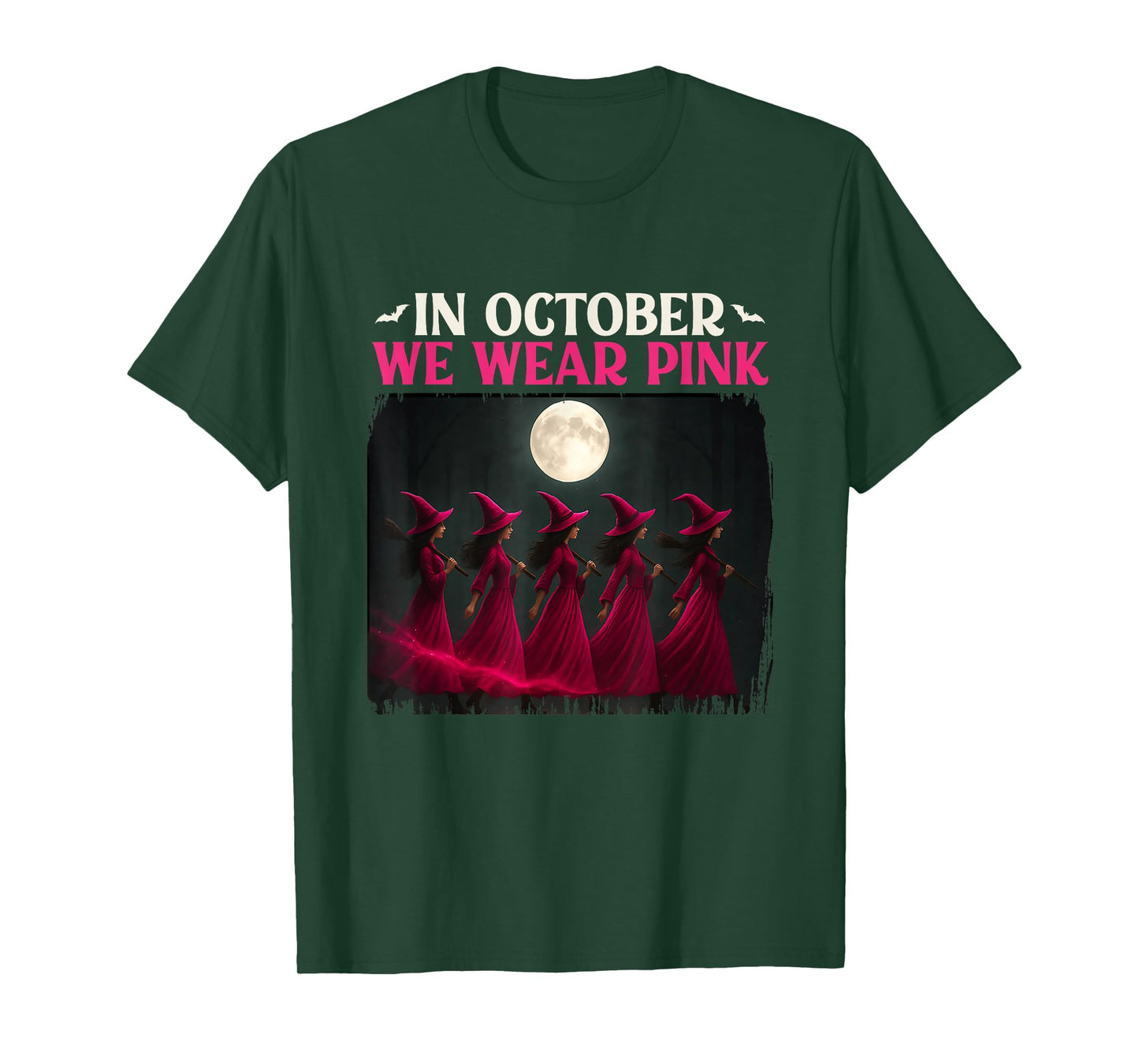 in October We Wear Pink Witch Breast Cancer Halloween Retro T-Shirt