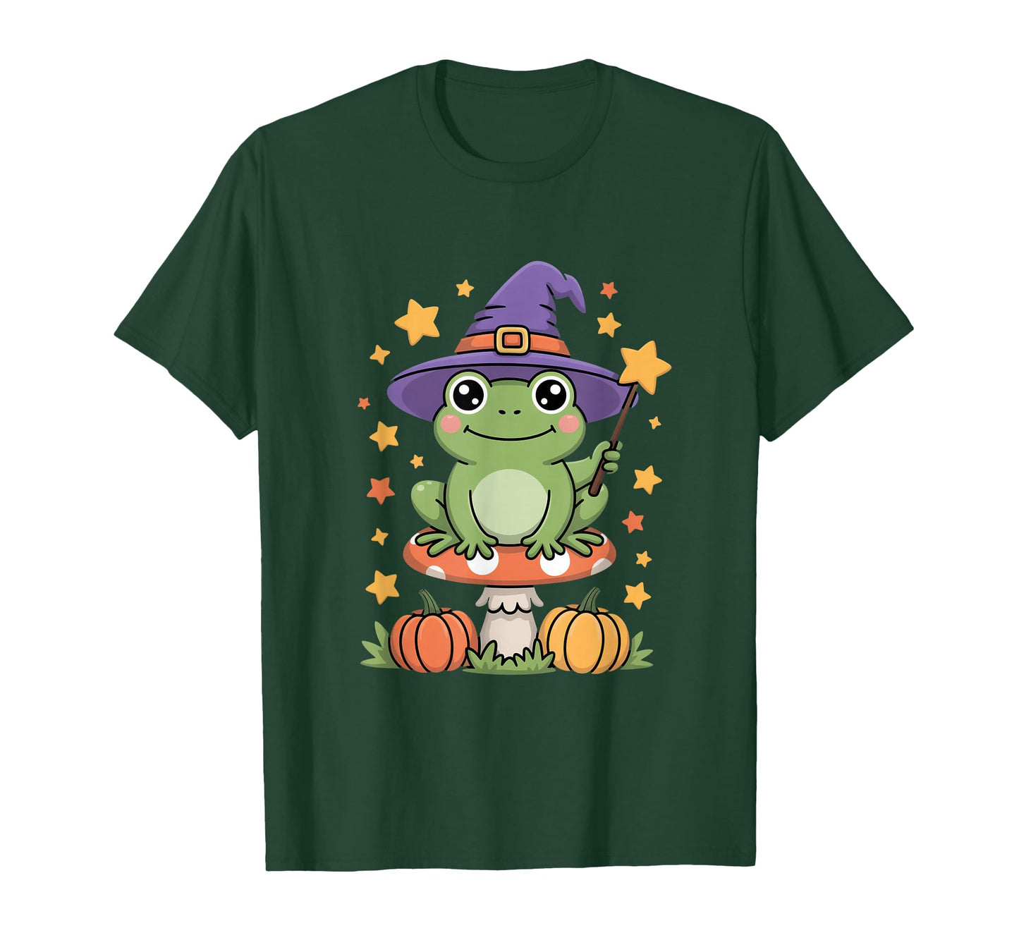 Cute Frog Witch On Mushroom with Pumpkins and Stars T-Shirt
