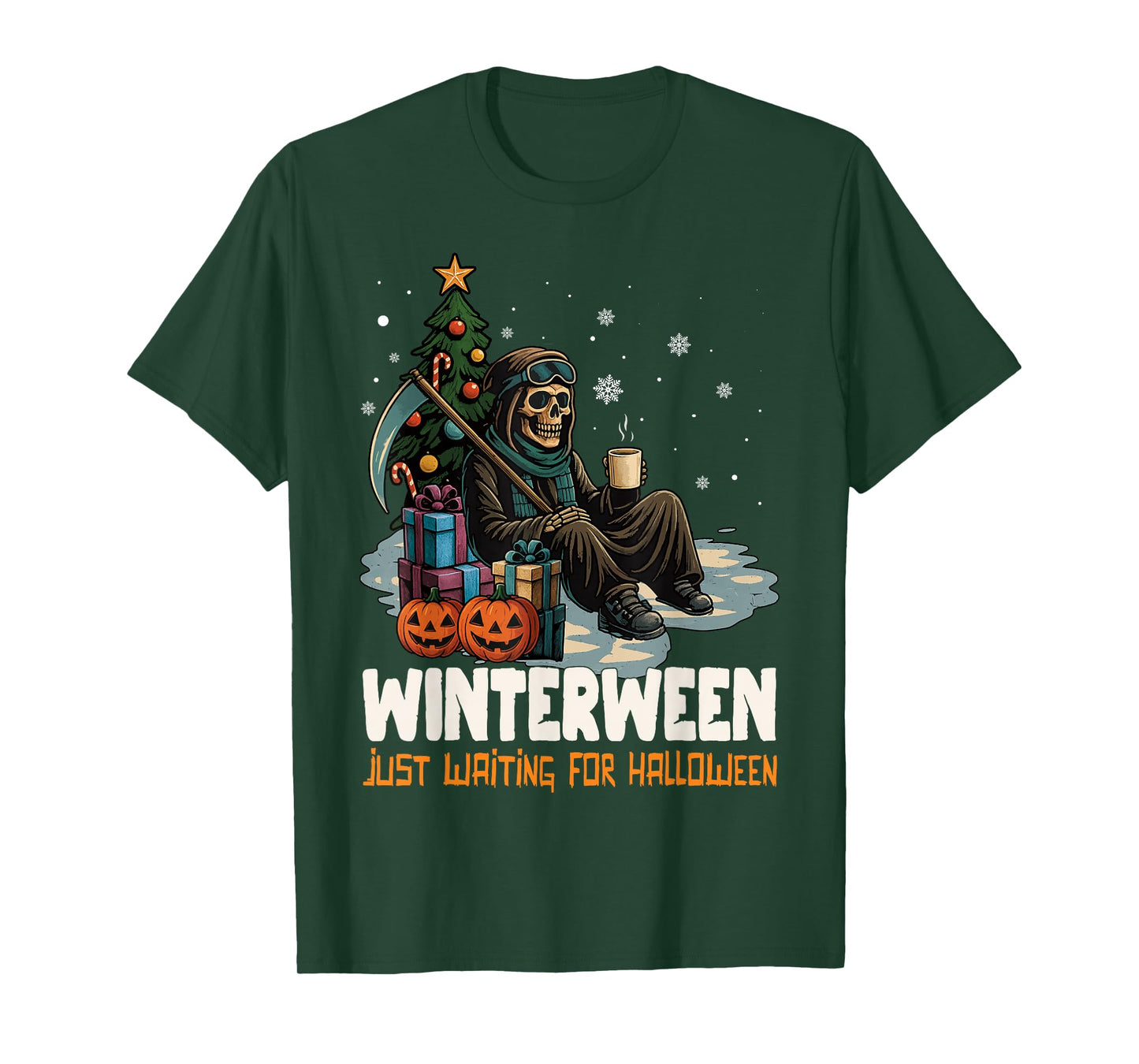 Winterween Just Waiting for Halloween Christmas Skeleton T-Shirt