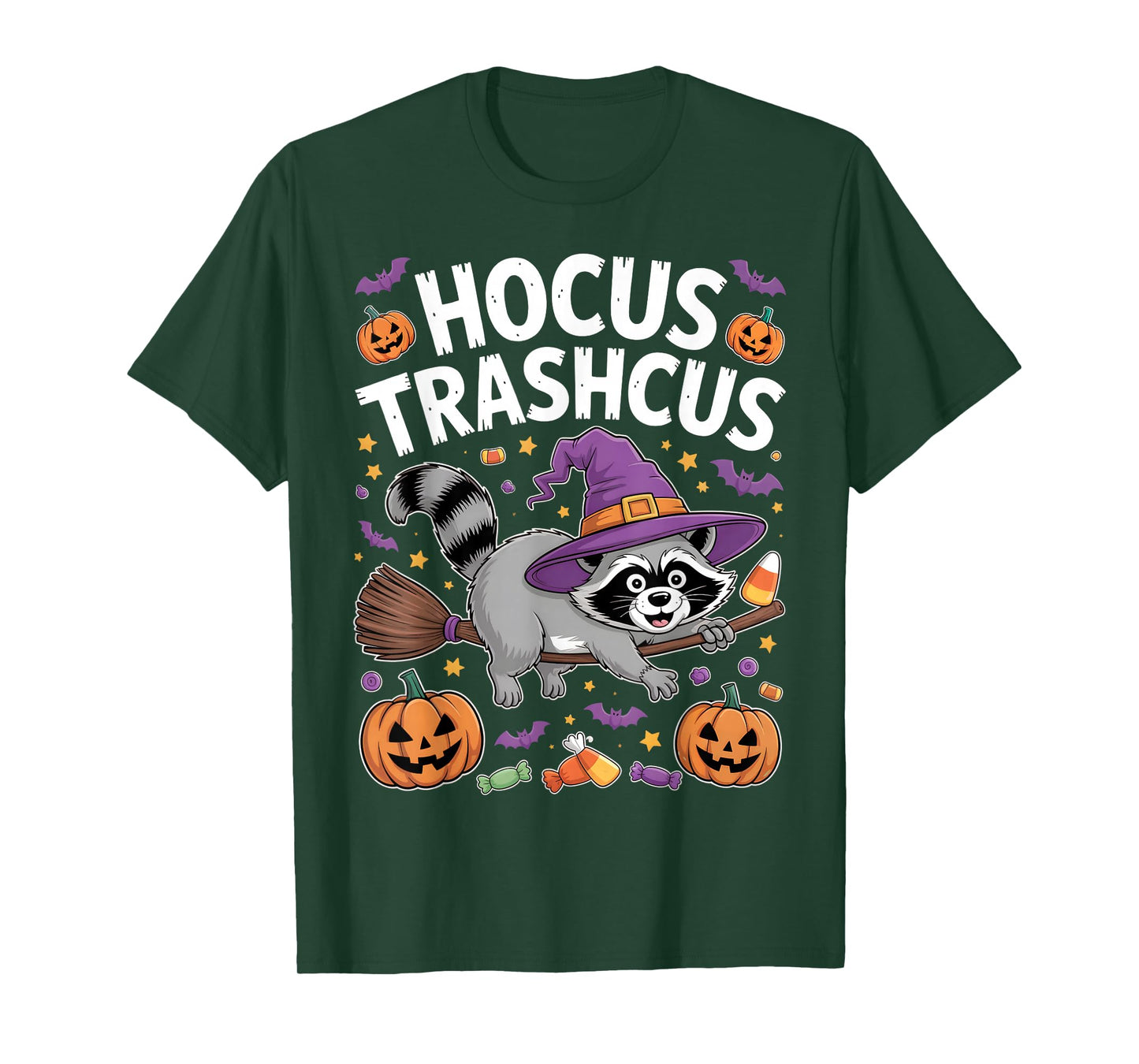Hocus Trashcus Raccoon Witch Hat Broom Pumpkin Bat Halloween T-Shirt