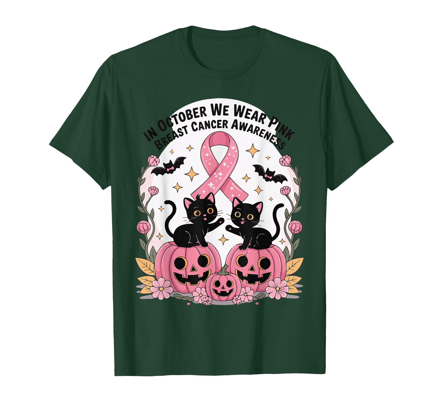 in October We Wear Pink Ghost Witch Breast Cancer Awareness T-Shirt