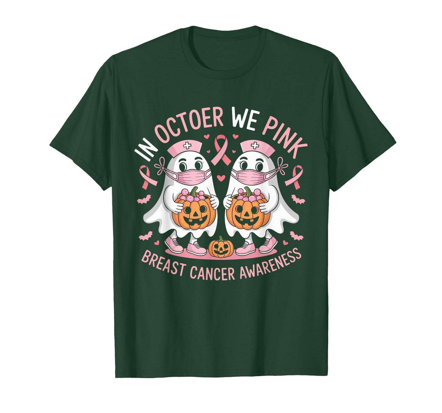 in October We Wear Pink Ghost Witch Breast Cancer Awareness T-Shirt