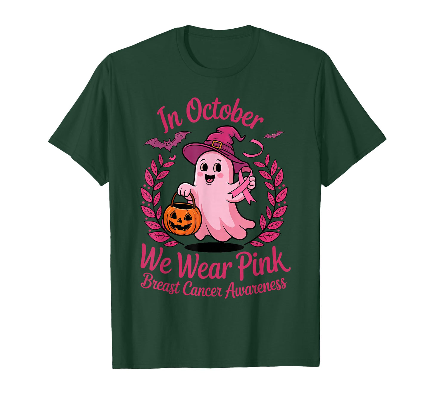 Breast Cancer Awareness Cute Ghost Witch Pink Ribbon Support T-Shirt