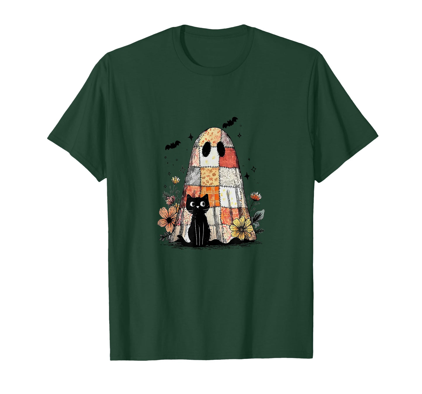 Vintage Halloween Ghost Holding Black Cat Groovy T-Shirt
