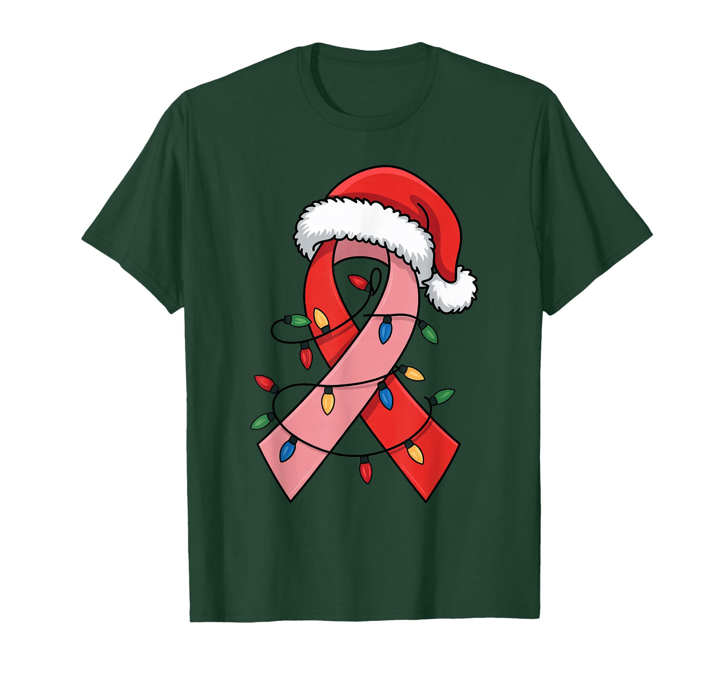 Pink Ribbon Christmas Lights Santa Hat Breast Cancer Warrior T-Shirt