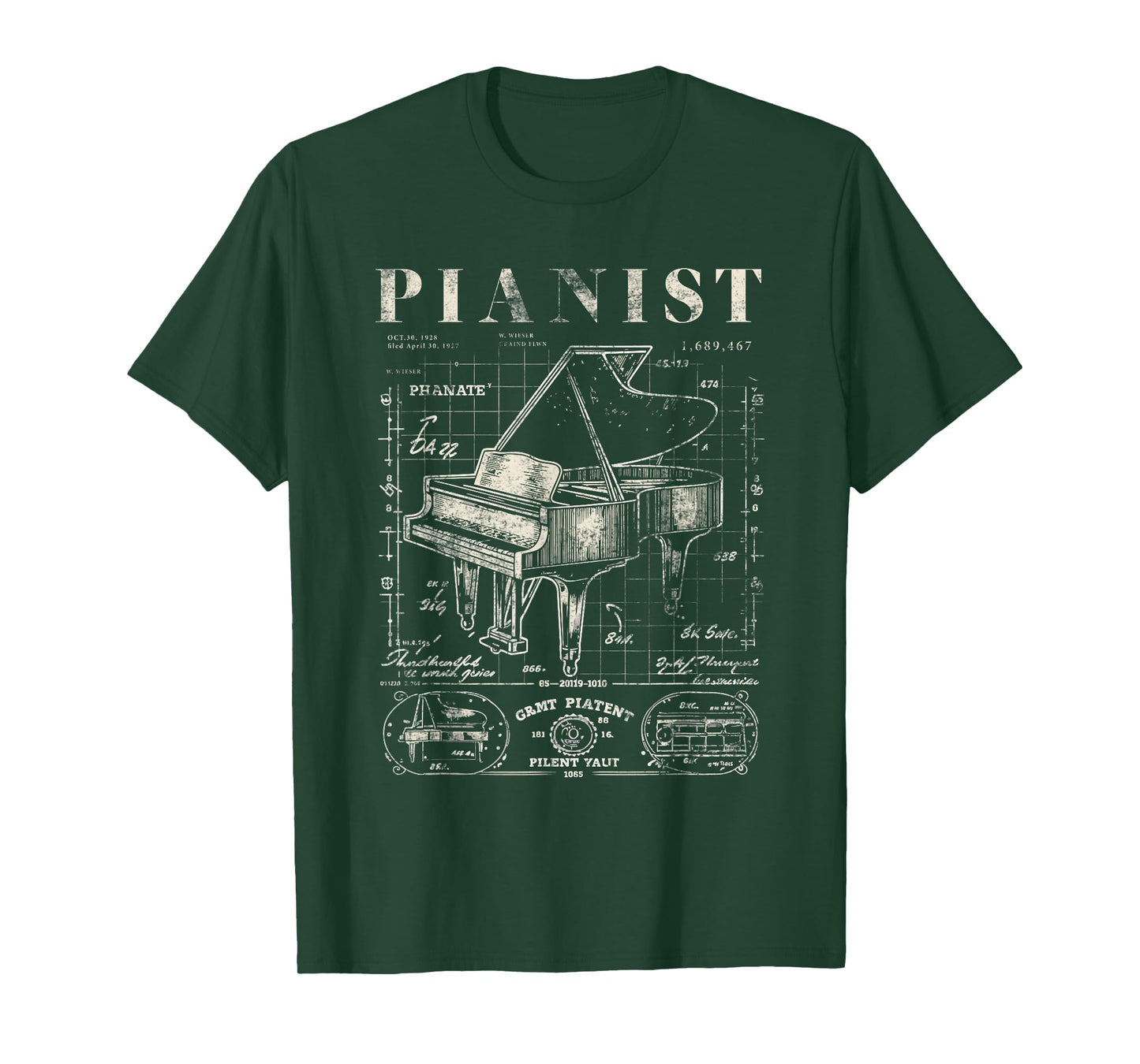 Old Grand Piano Shirt Vintage Patent Drawing Print Pianist T-Shirt