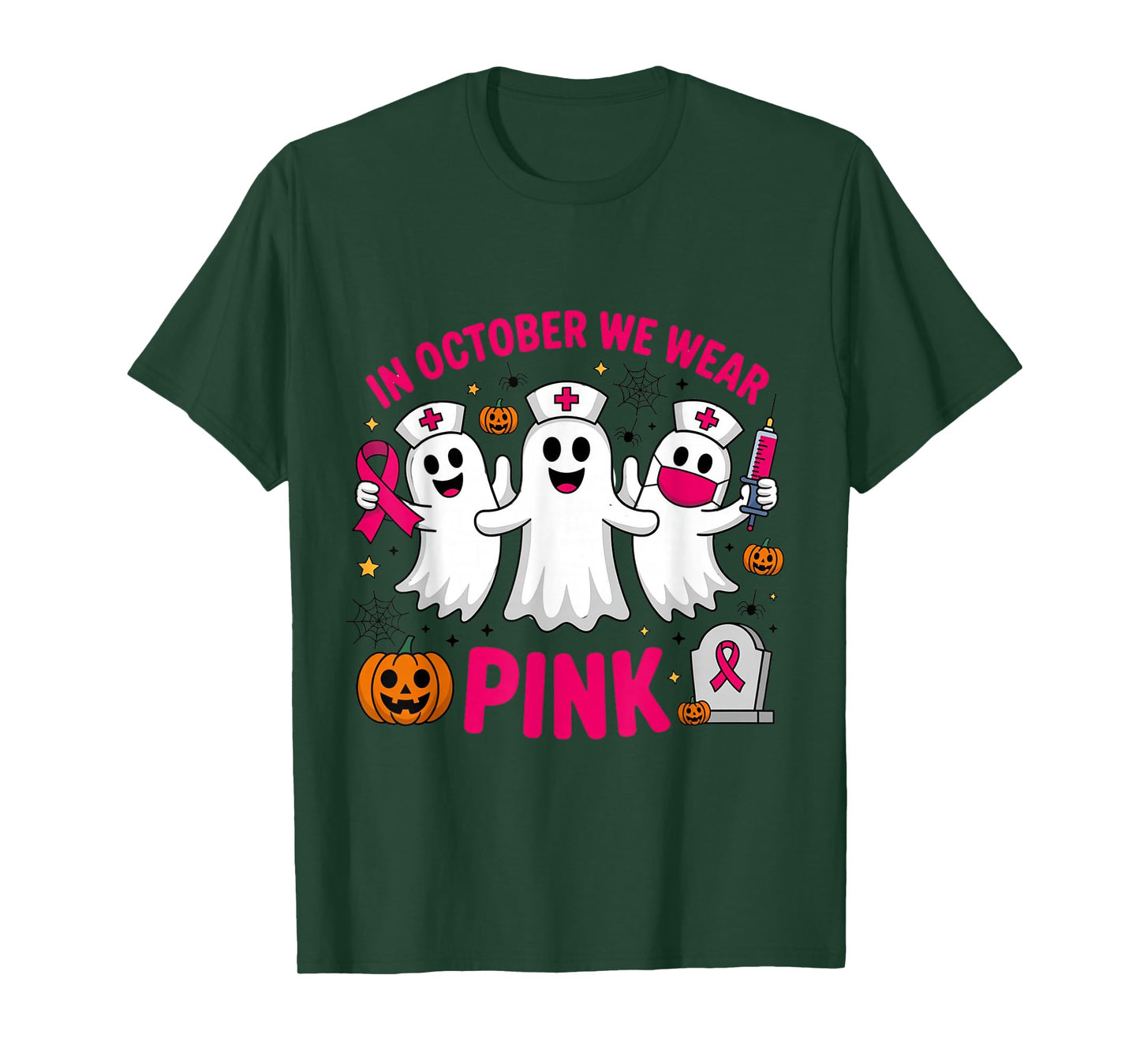 Breast Cancer in October Wear Pink Halloween Nurse Ghost T-Shirt