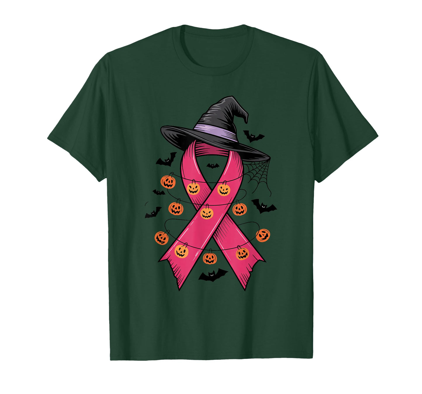 Pink Ribbon Witch Hat Halloween Pumpkins Bats Breast Cancer T-Shirt