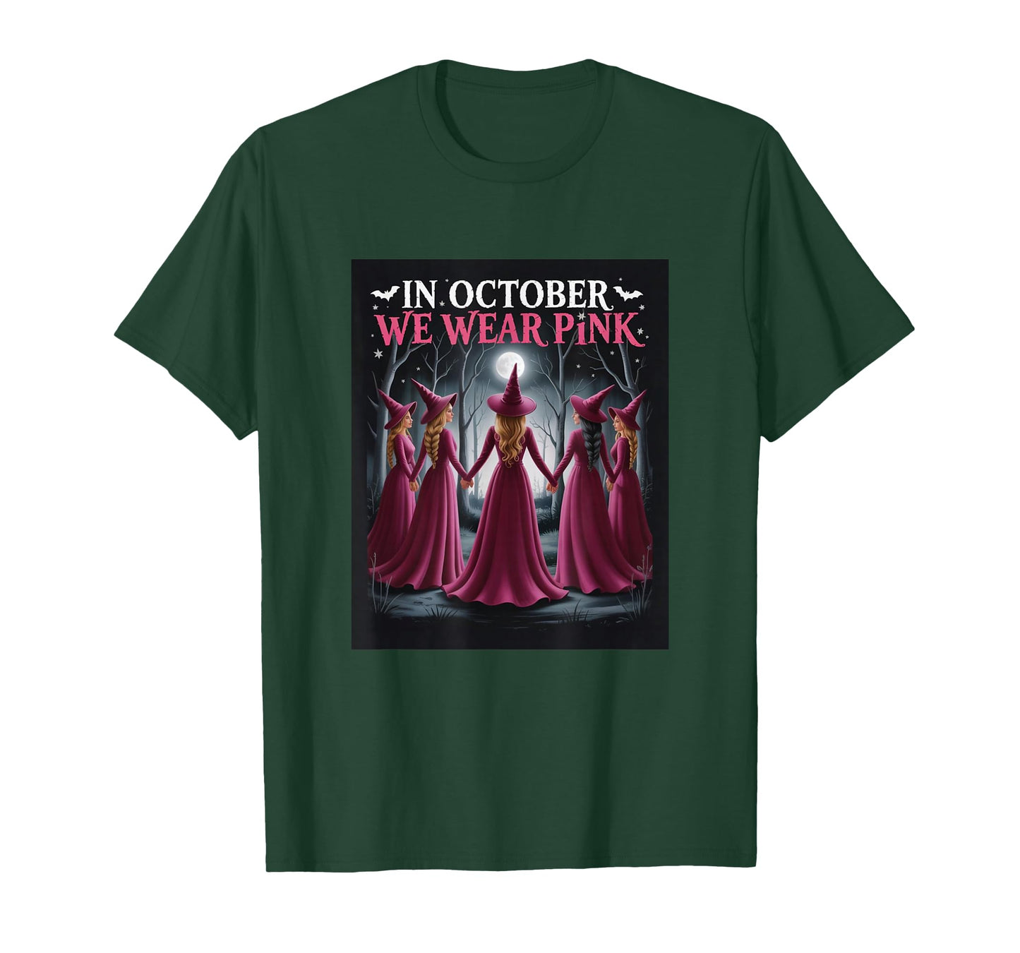 in October We Wear Pink - Witch & Ghost Halloween Cancer T-Shirt