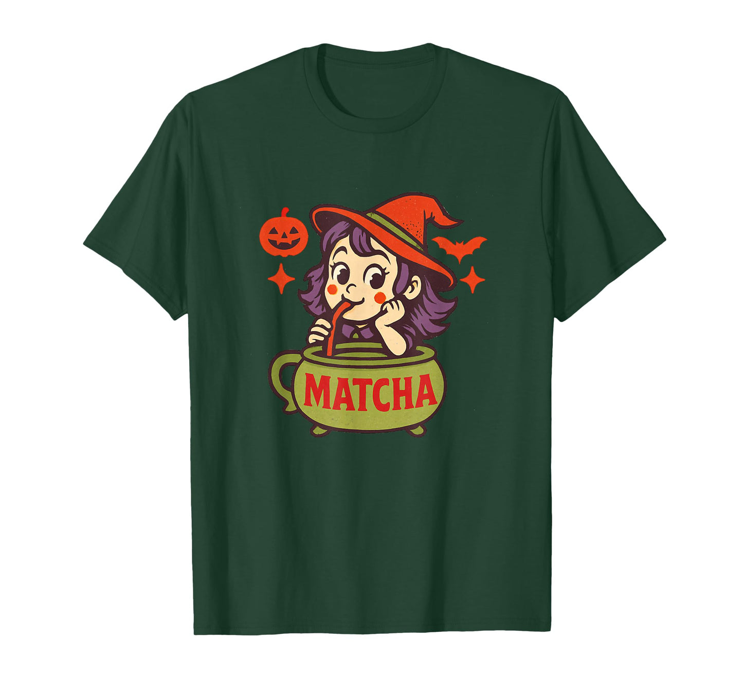 Halloween Witch Drinking Matcha from Cauldron Design T-Shirt