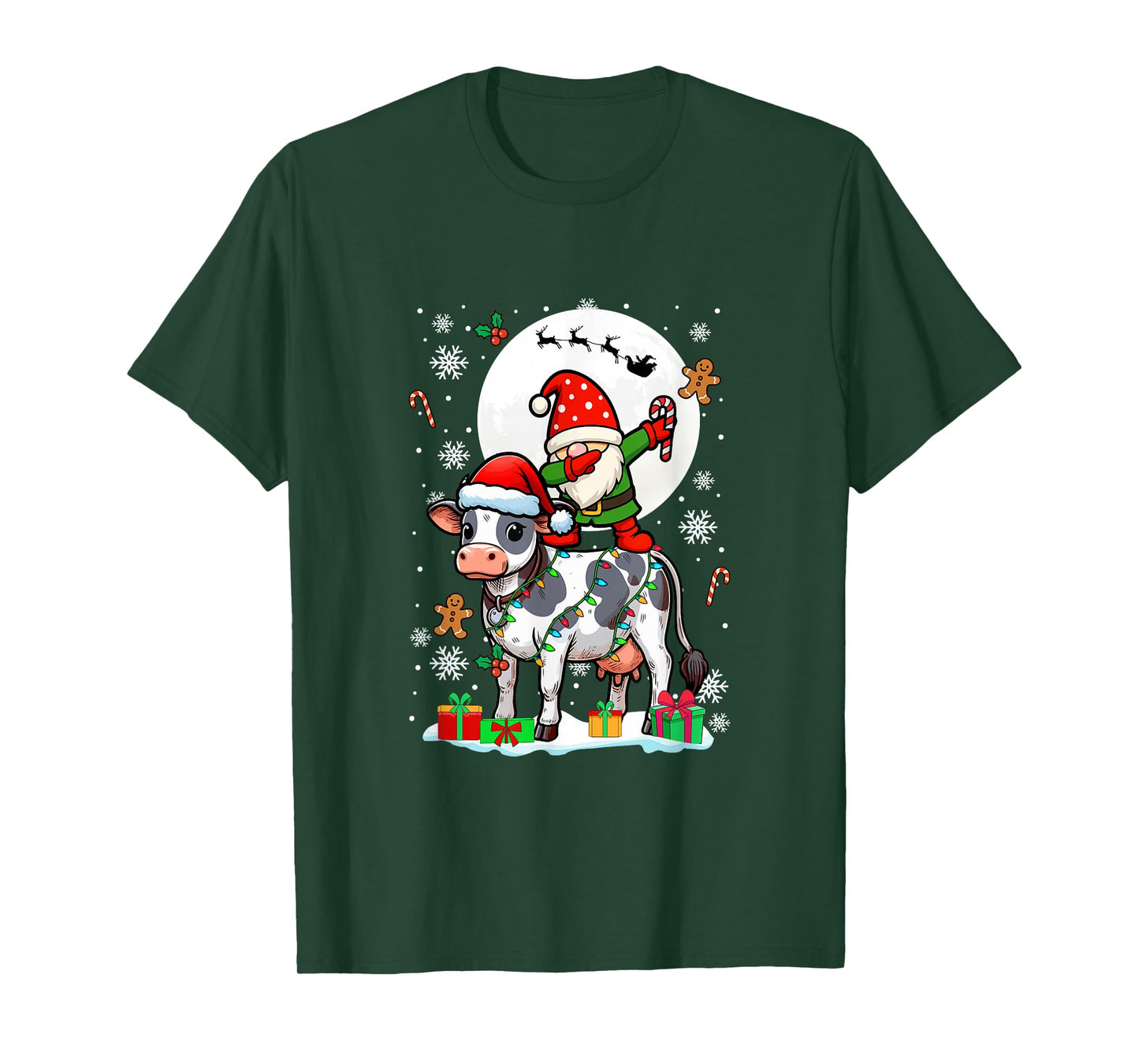 Dabbing Gnome On Cow Christmas Santa Colorful Lights T-Shirt