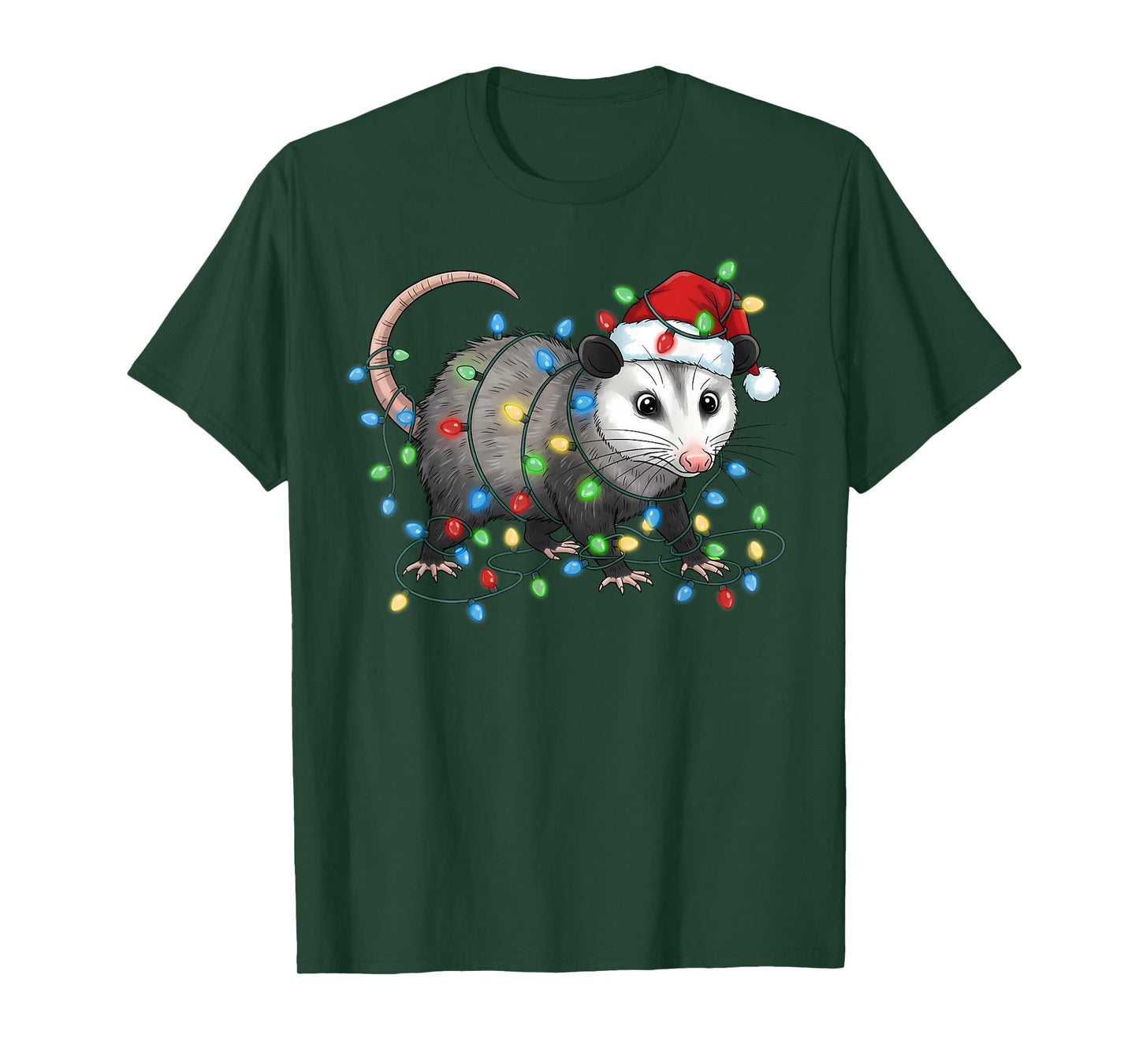 Cute Opossum Tangled in Christmas Lights Wearing Santa Hat T-Shirt