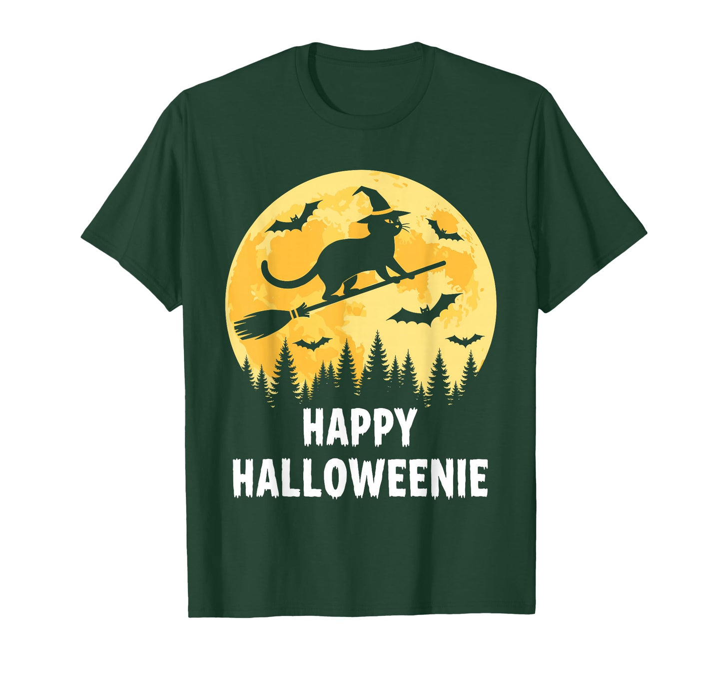 Happy Halloweenie Funny Halloween Cat Flying Witch T-Shirt