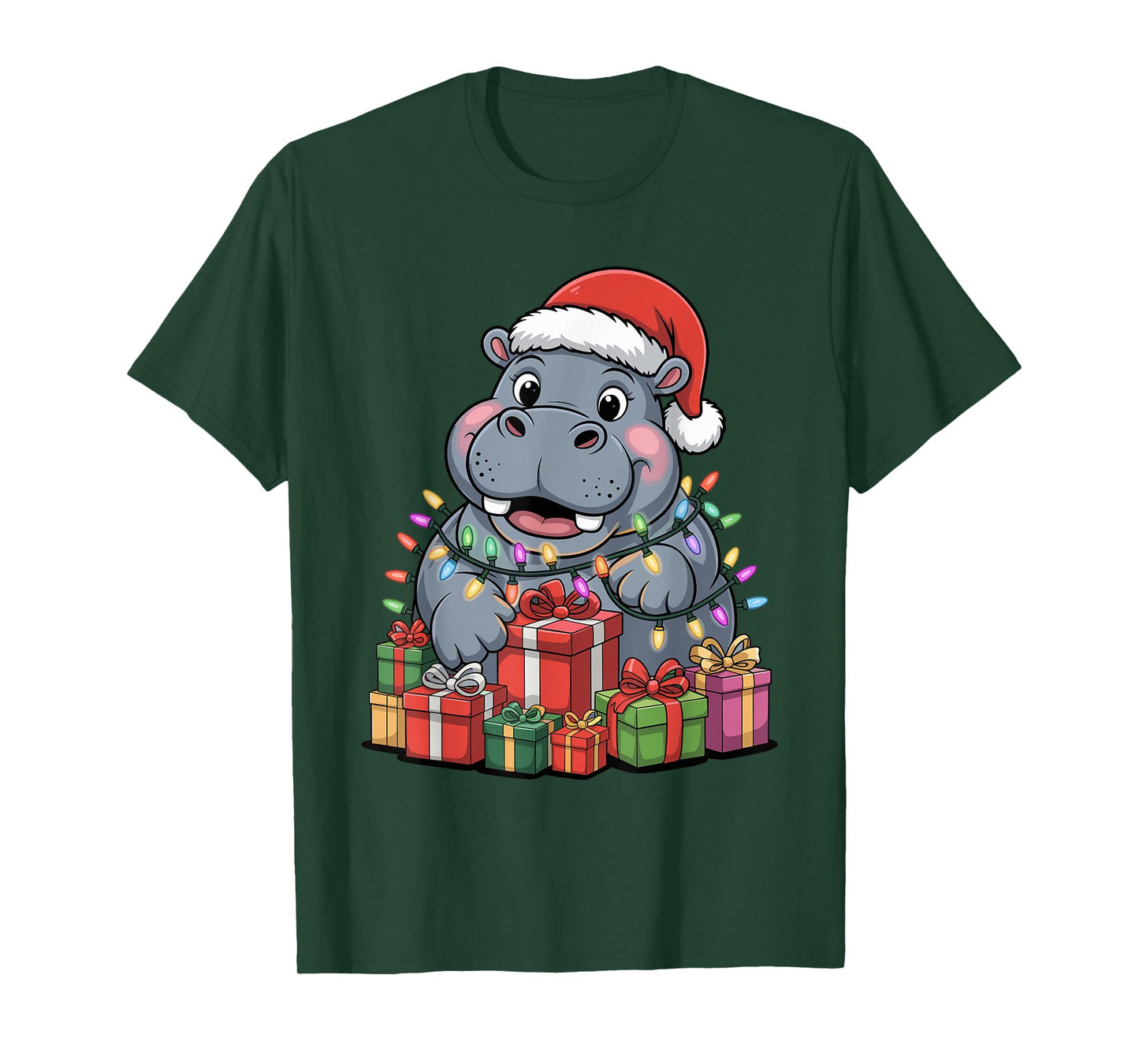Hippopotamus Santa Hat Christmas Design Funny Animal Lovers T-Shirt