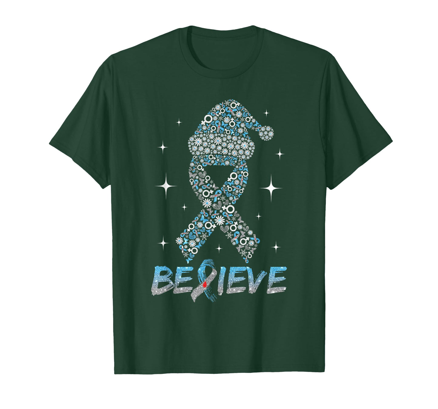 Believe Blue Gray Ribbon Santa Hat Christmas Type 1 Diabetes T-Shirt