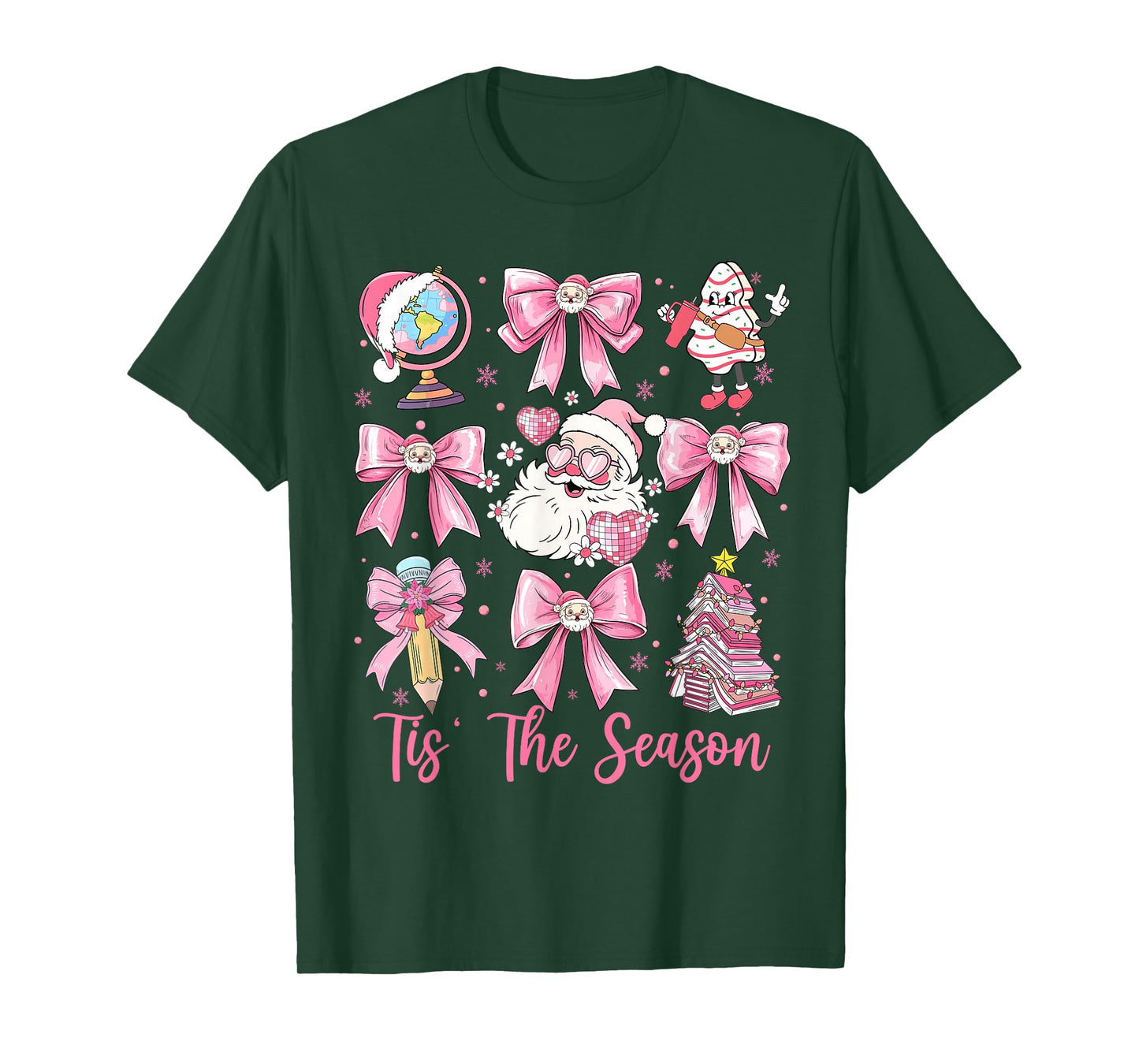 Tis The Season Pink Santa Claus Coquette Bow Teacher Girls T-Shirt