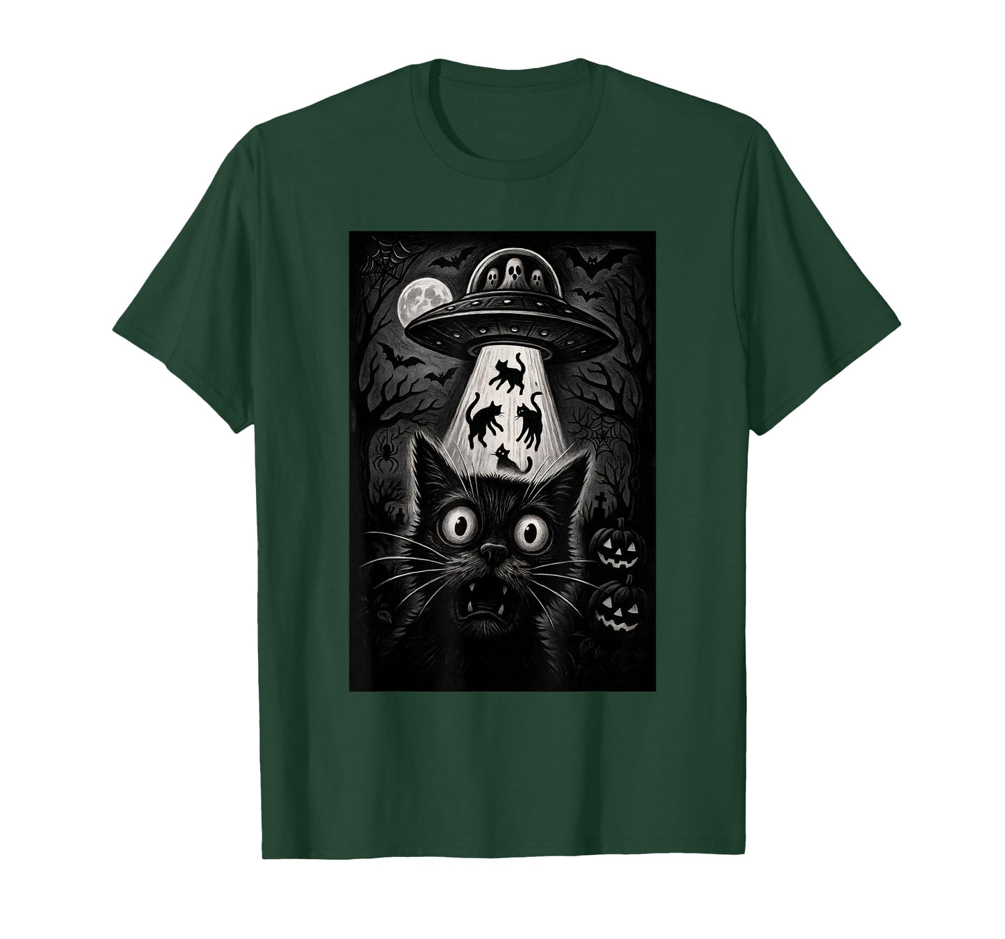 Halloween Cat Selfie Scary Alien Abduction Cats UFO Flying T-Shirt
