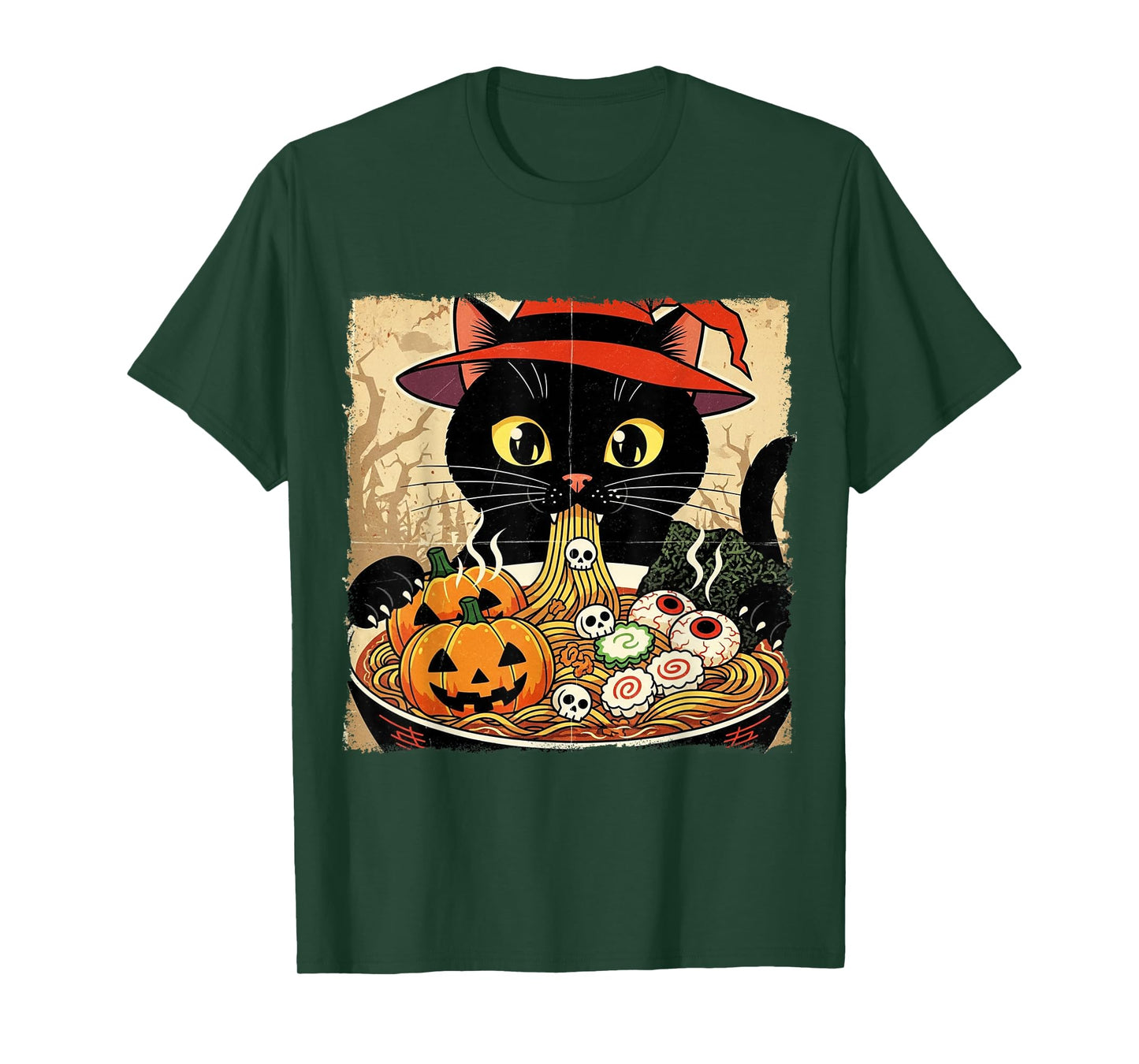Black Cat Witch Hat Slurping Spooky Ramen Vintage Halloween T-Shirt