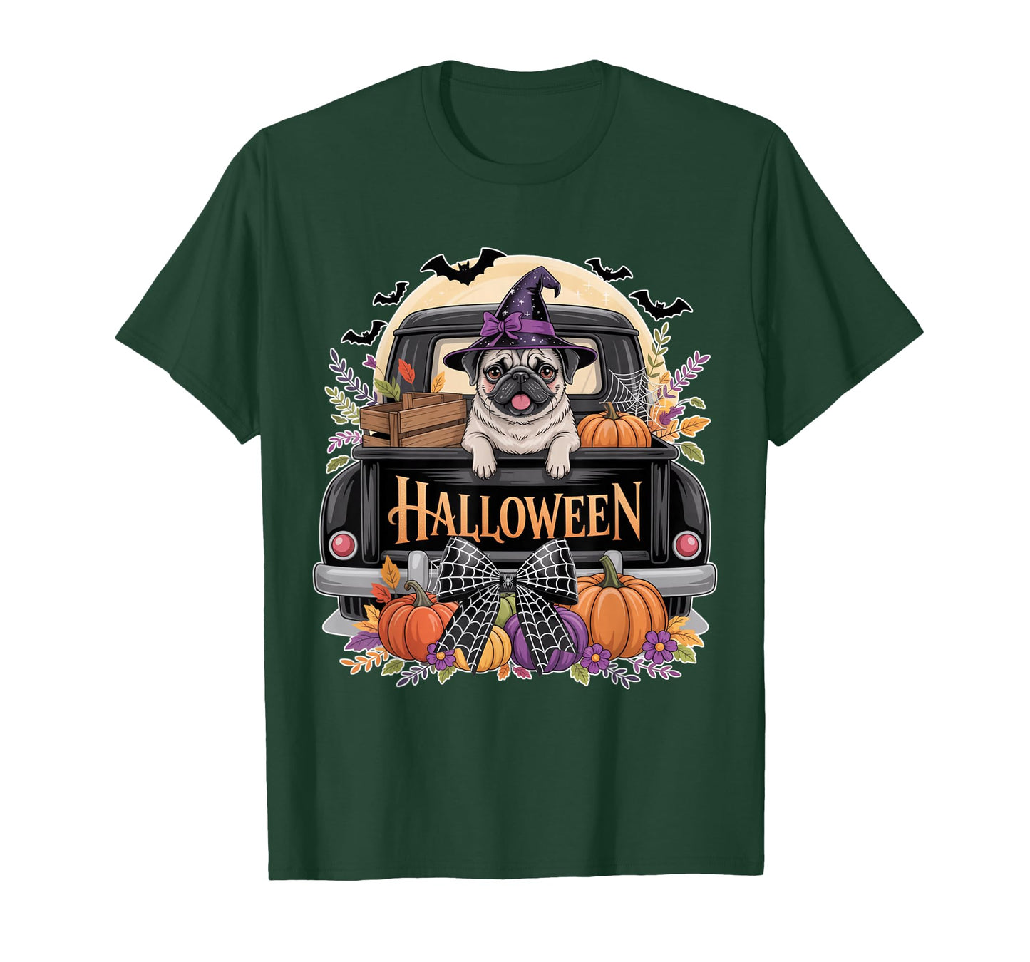 Funny Pug Witch Hat Truck Pumpkin Dog Lovers Halloween T-Shirt