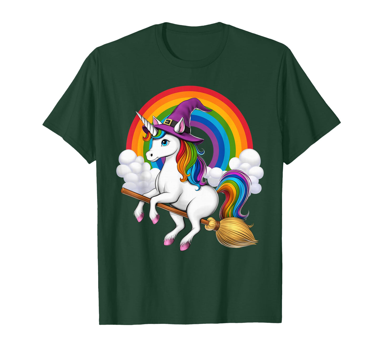 Unicorn Witch Riding Broom Halloween Wiccan Spooky Rainbow T-Shirt