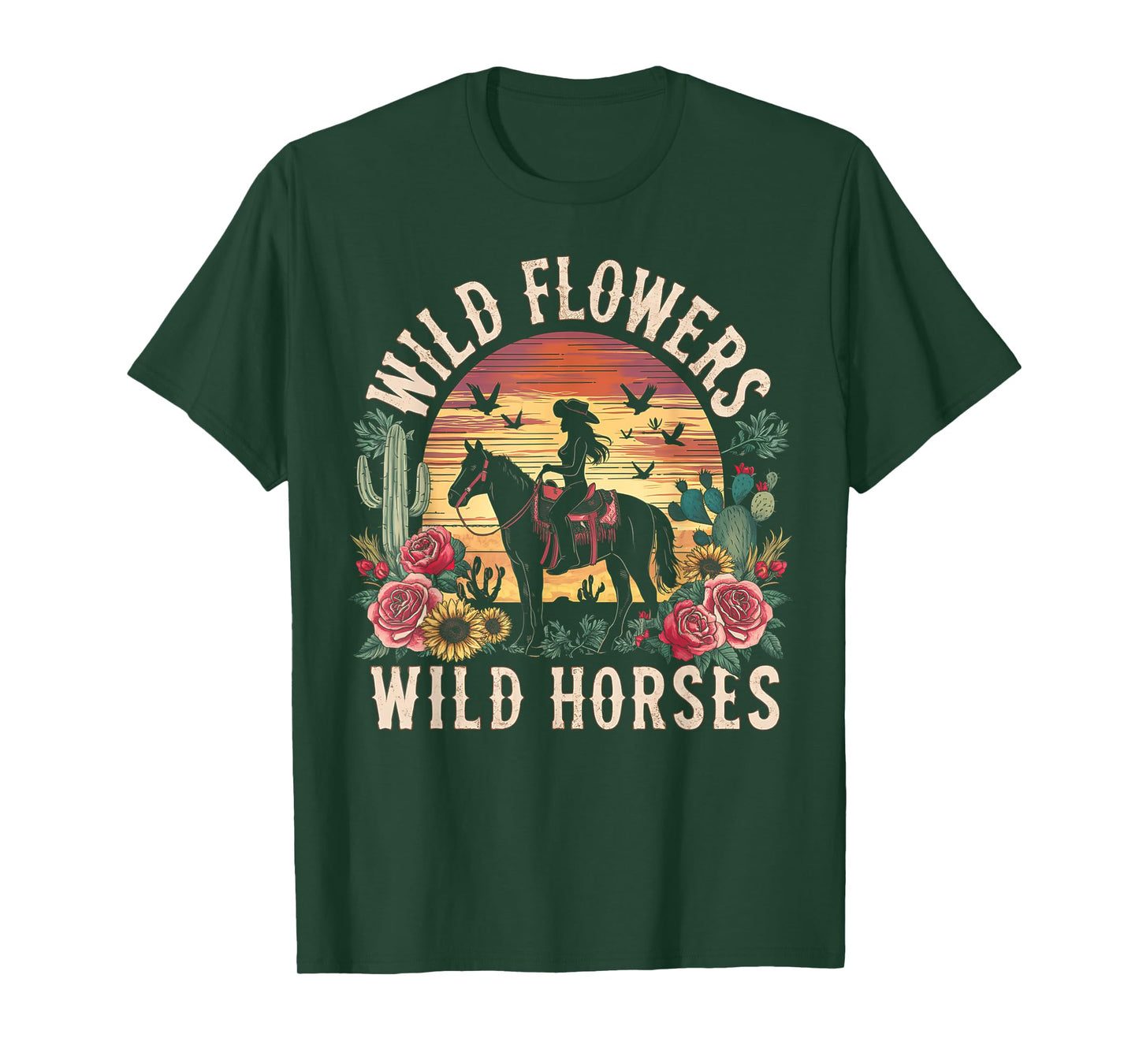 Retro Southern Sunset Cowgirl Wild Flowers Wild Horses T-Shirt
