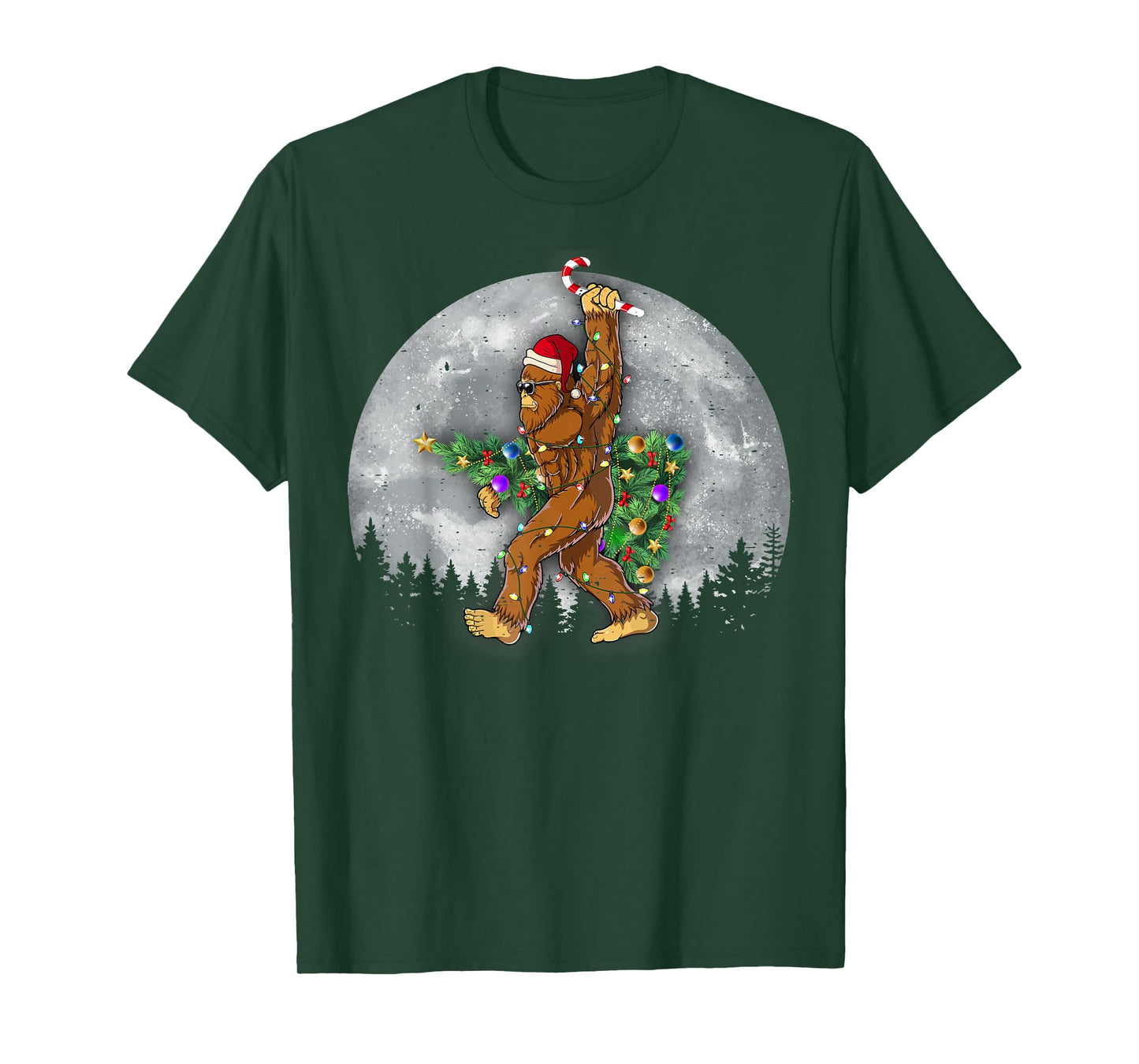 Santa Bigfoot Christmas Tree Xmas Lights Funny Sasquatch T-Shirt