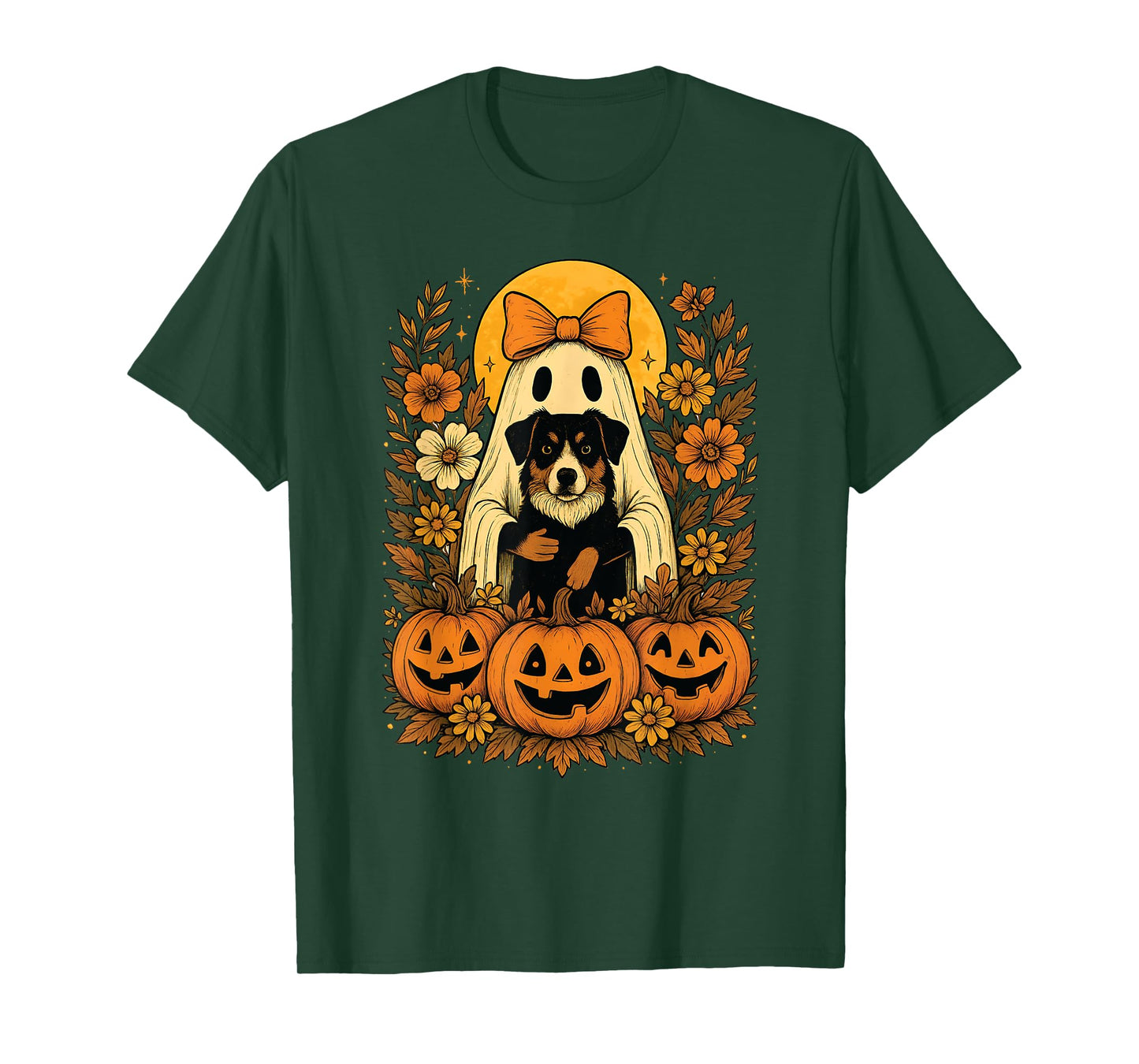 Vintage Halloween Ghost Holding Australian Shepherd Dog T-Shirt