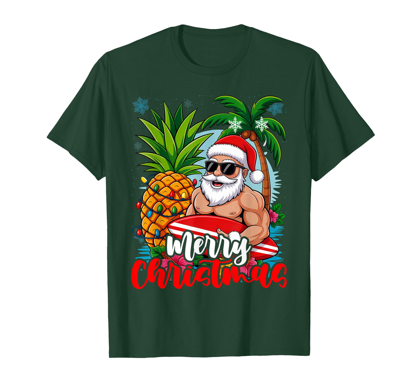 Merry Christmas Xmas Lights Santa Surfing Hawaiian Pineapple T-Shirt