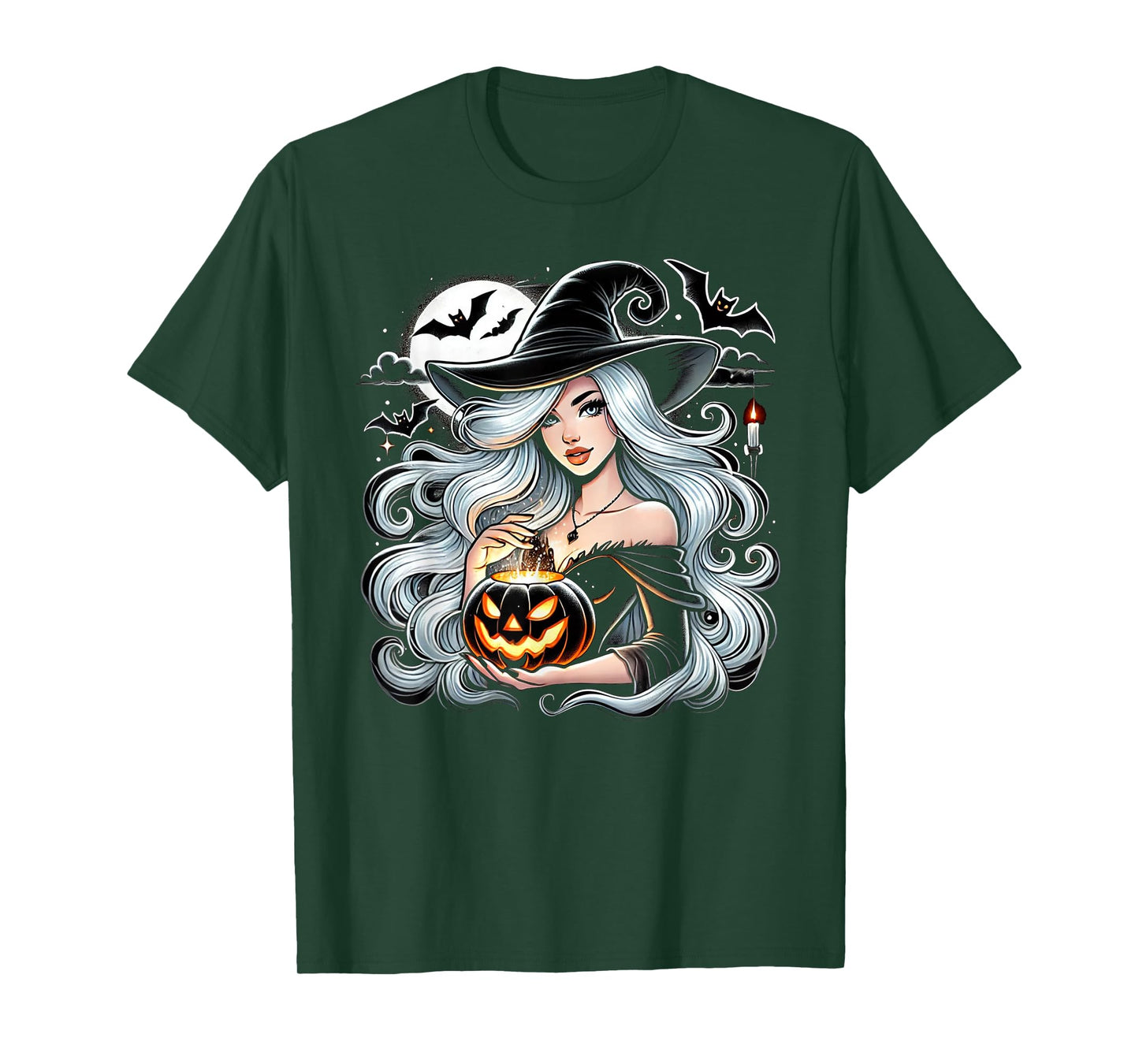 Glamour Ice White Hair Witch Jack O Lantern Halloween Design T-Shirt
