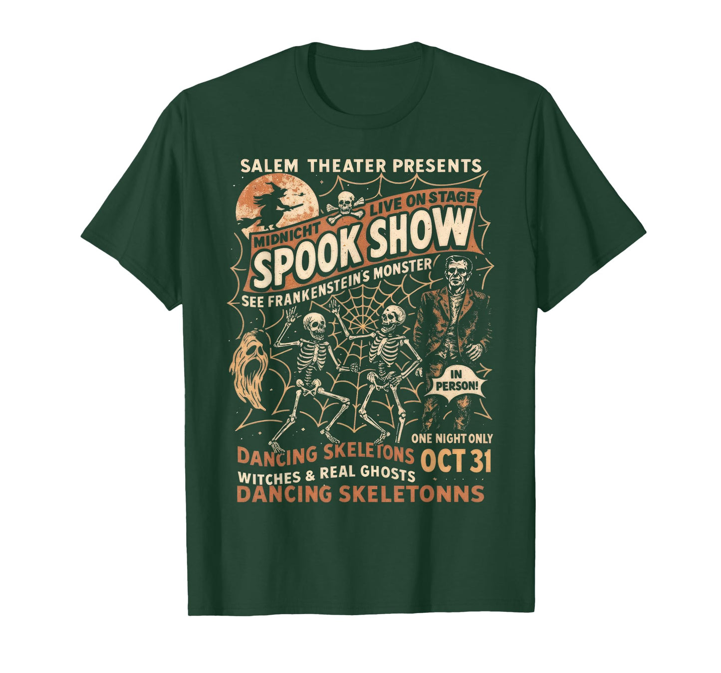 Vintage Halloween Spook Show Witch Dancing Skeletons Monster T-Shirt
