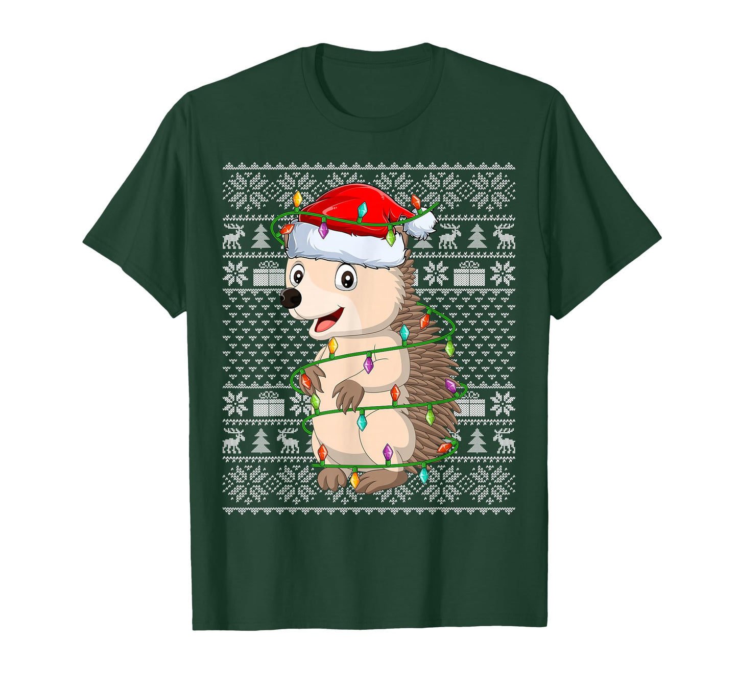 Hedgehog Christmas Lights Ugly Sweater Funny Santa Hat Xmas T-Shirt