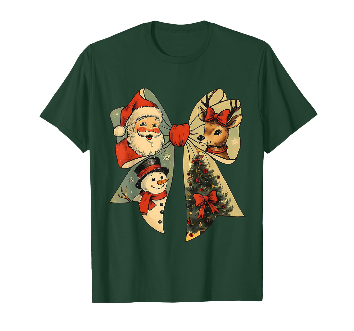 Vintage Christmas Bow Santa Reindeer Snowman Tree Tee T-Shirt