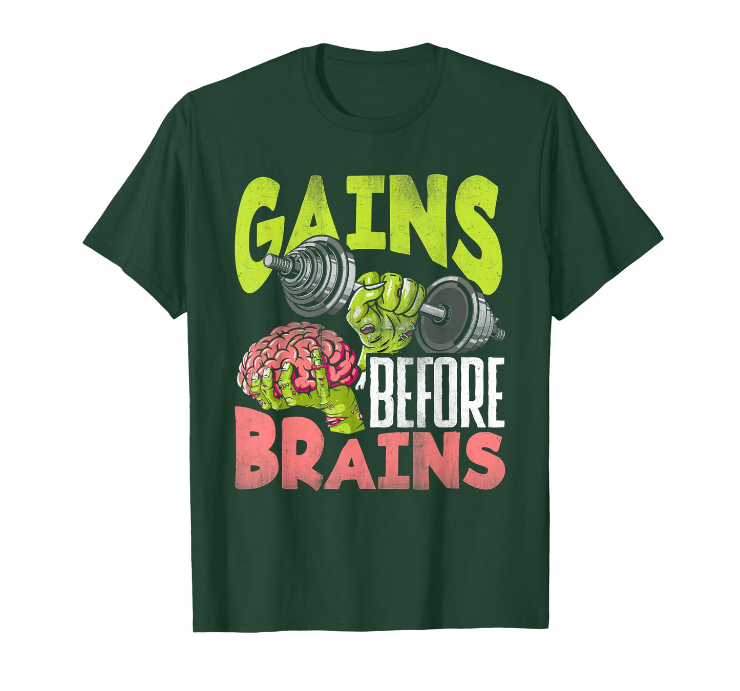 Halloween Workout Zombie Weightlifting Gains Before Brains T-Shirt