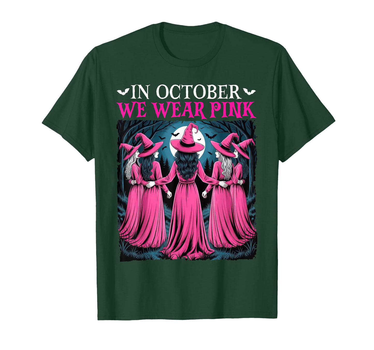 in October We Wear Pink Witch Halloween Breast Cancer Women T-Shirt