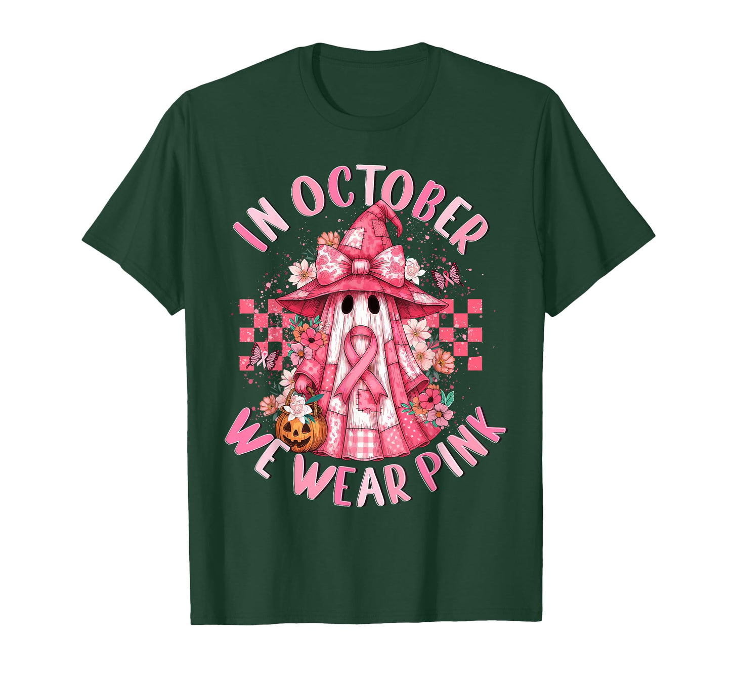 in October We Wear Pink Ghost Witch Breast Cancer Awareness T-Shirt